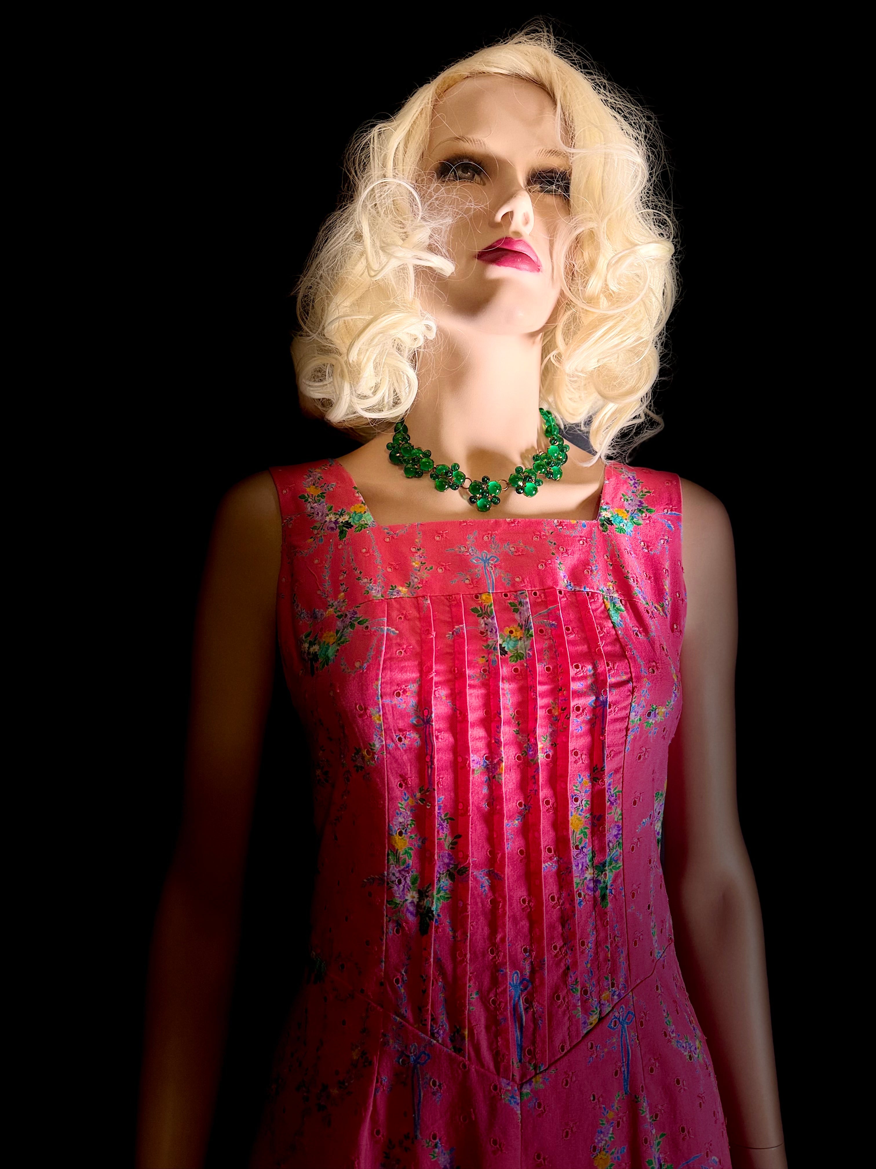Circa 1960 Pink Floral Eyelet Cotton Dress with Pintucked Bodice