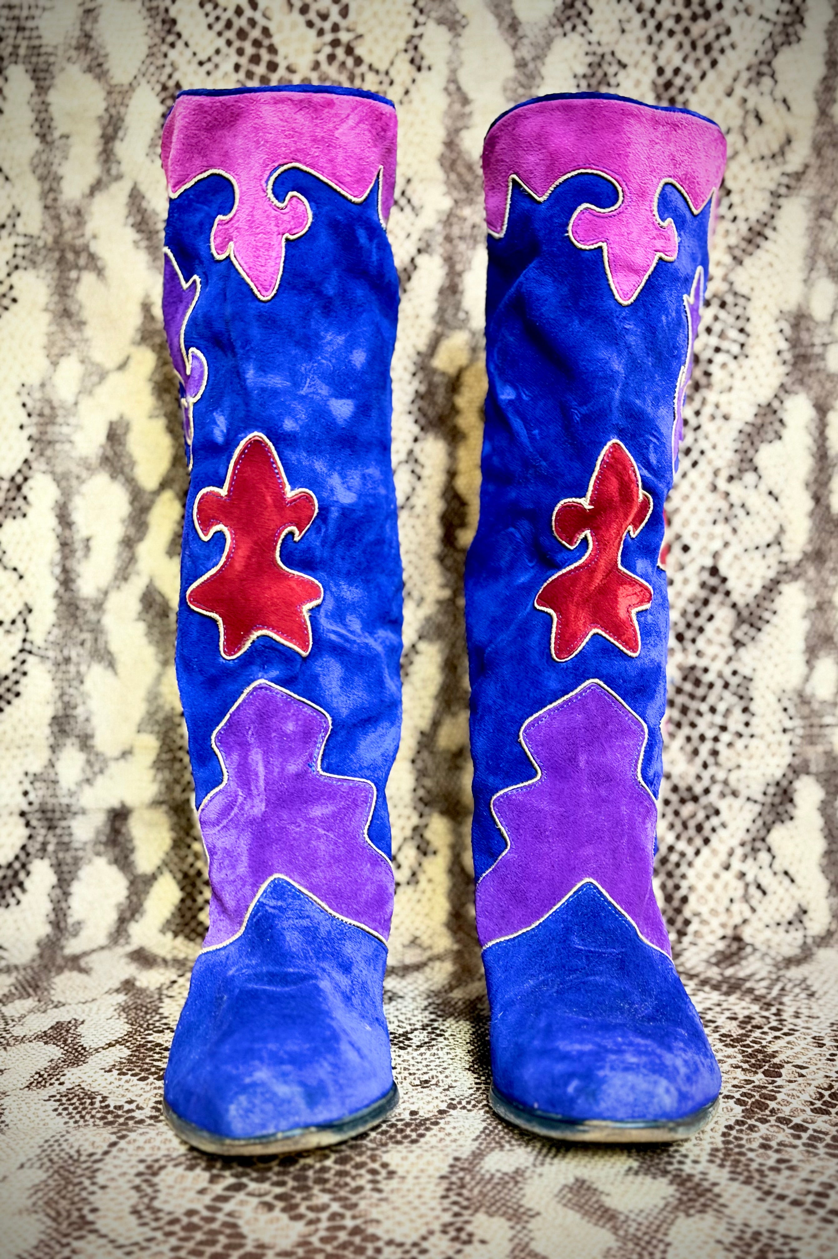 Vintage 1980s Biondini Suede Appliqué Cowboy Boots