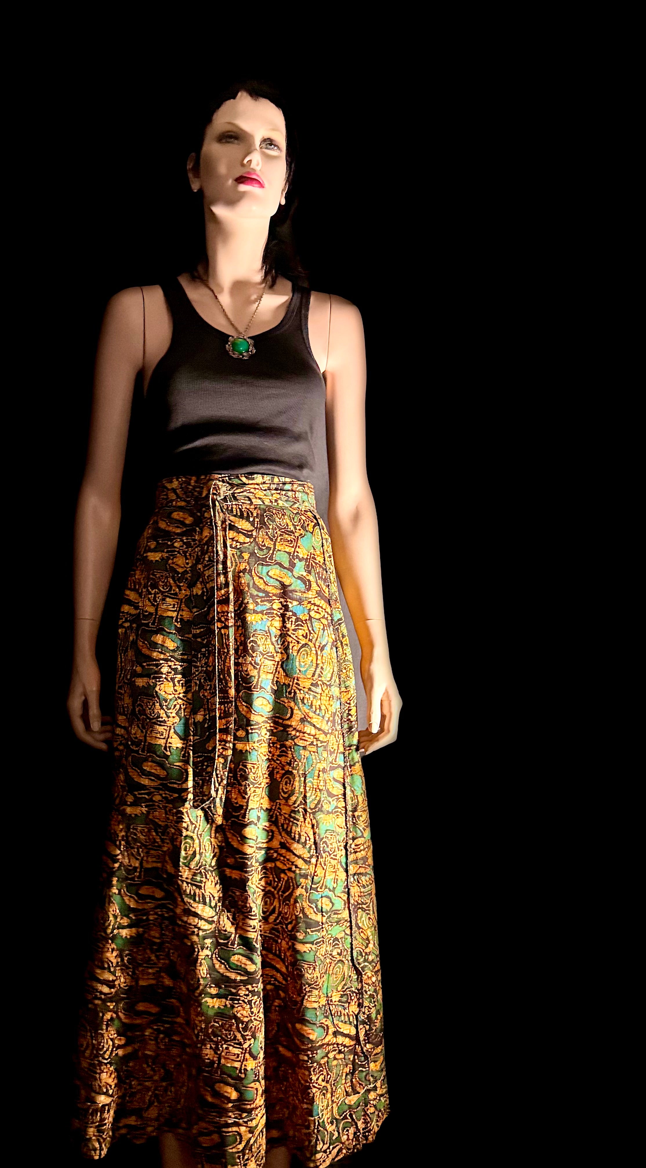 1970s Wrap Skirt – Earth Tone Abstract Print – Sarong Style