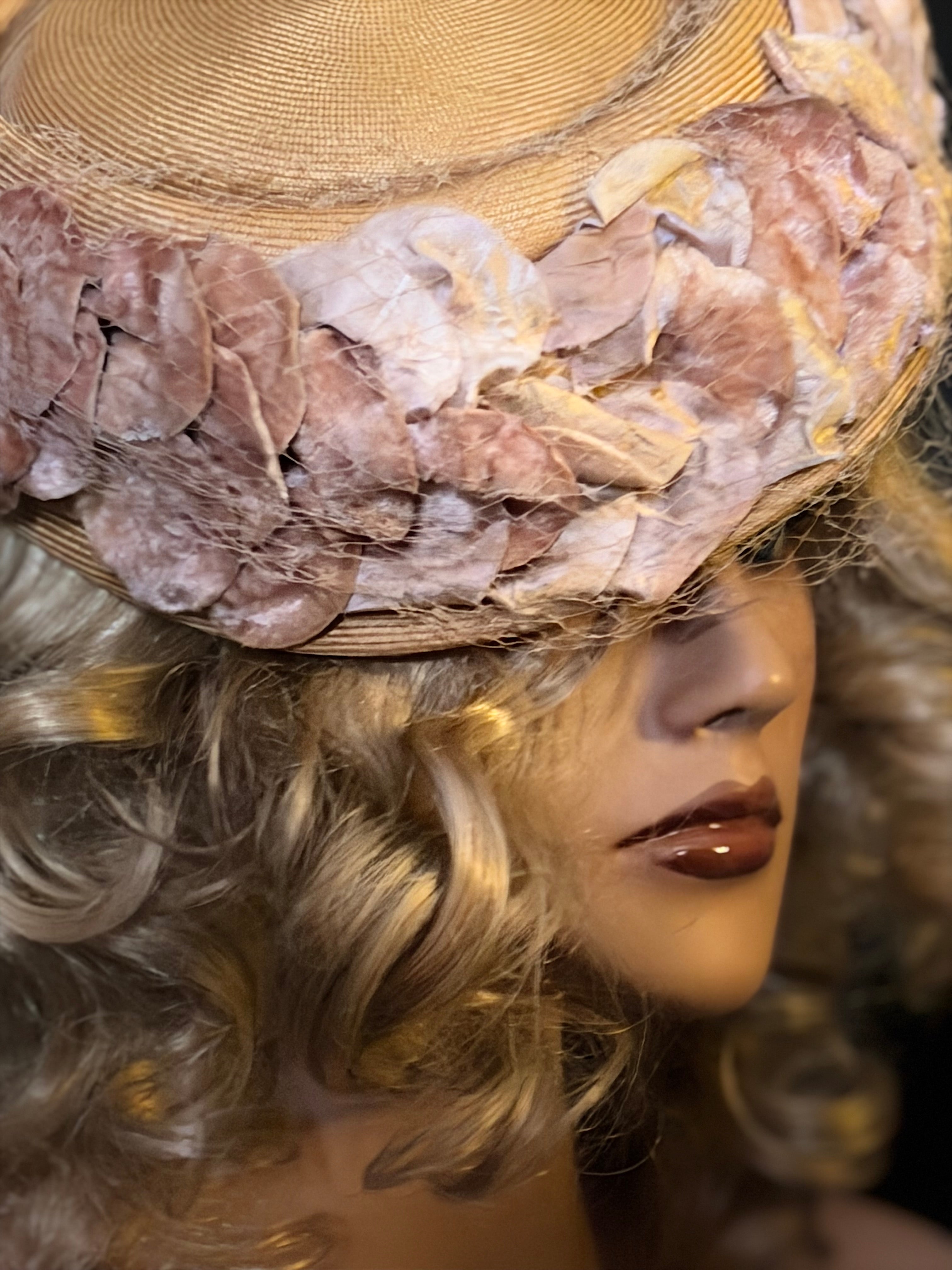 Early- Mid 1940s Straw Hat with Velvet Floral Trim and Veil