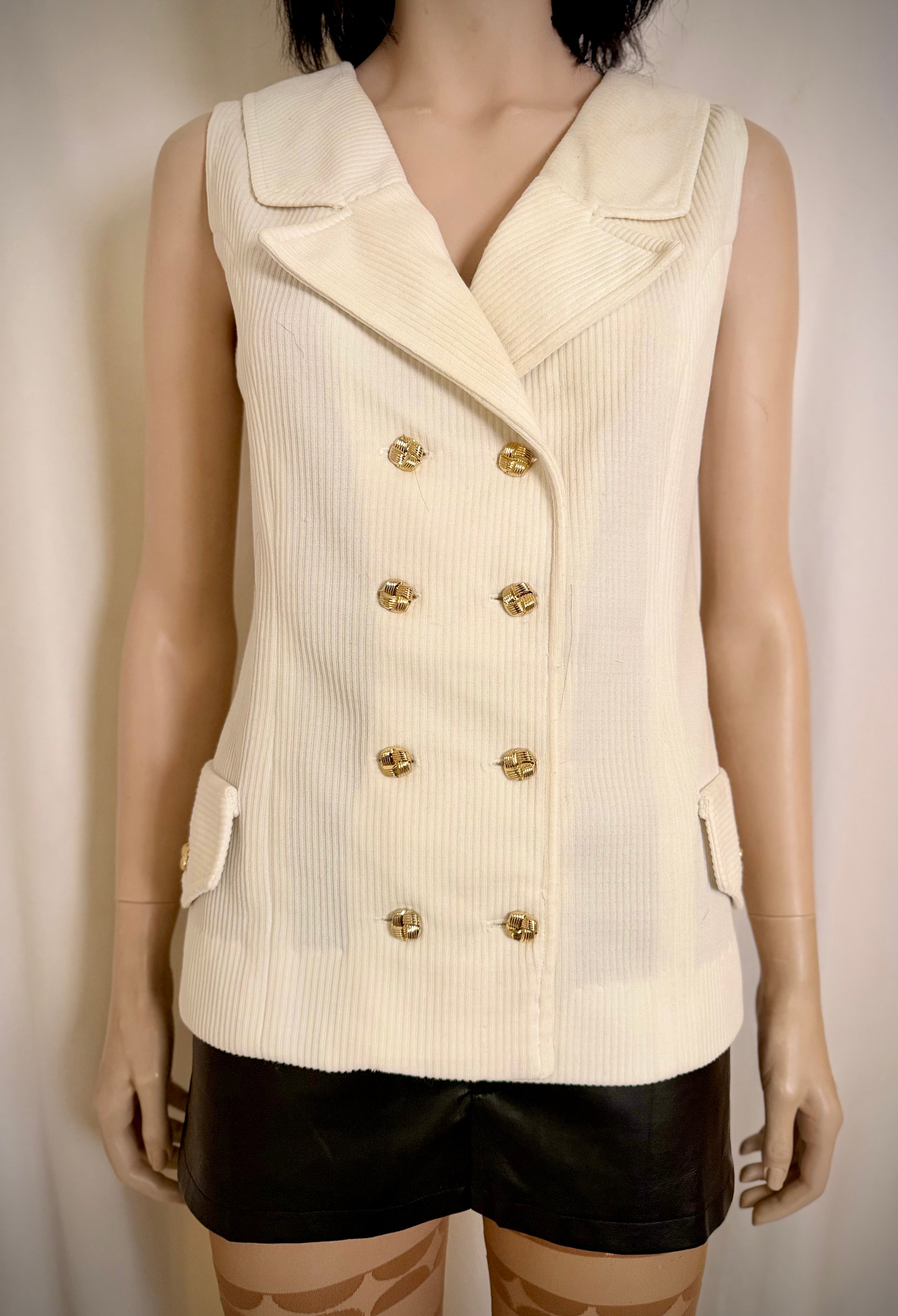 Cream Ribbed Double-Breasted Vest Top with Gold Buttons