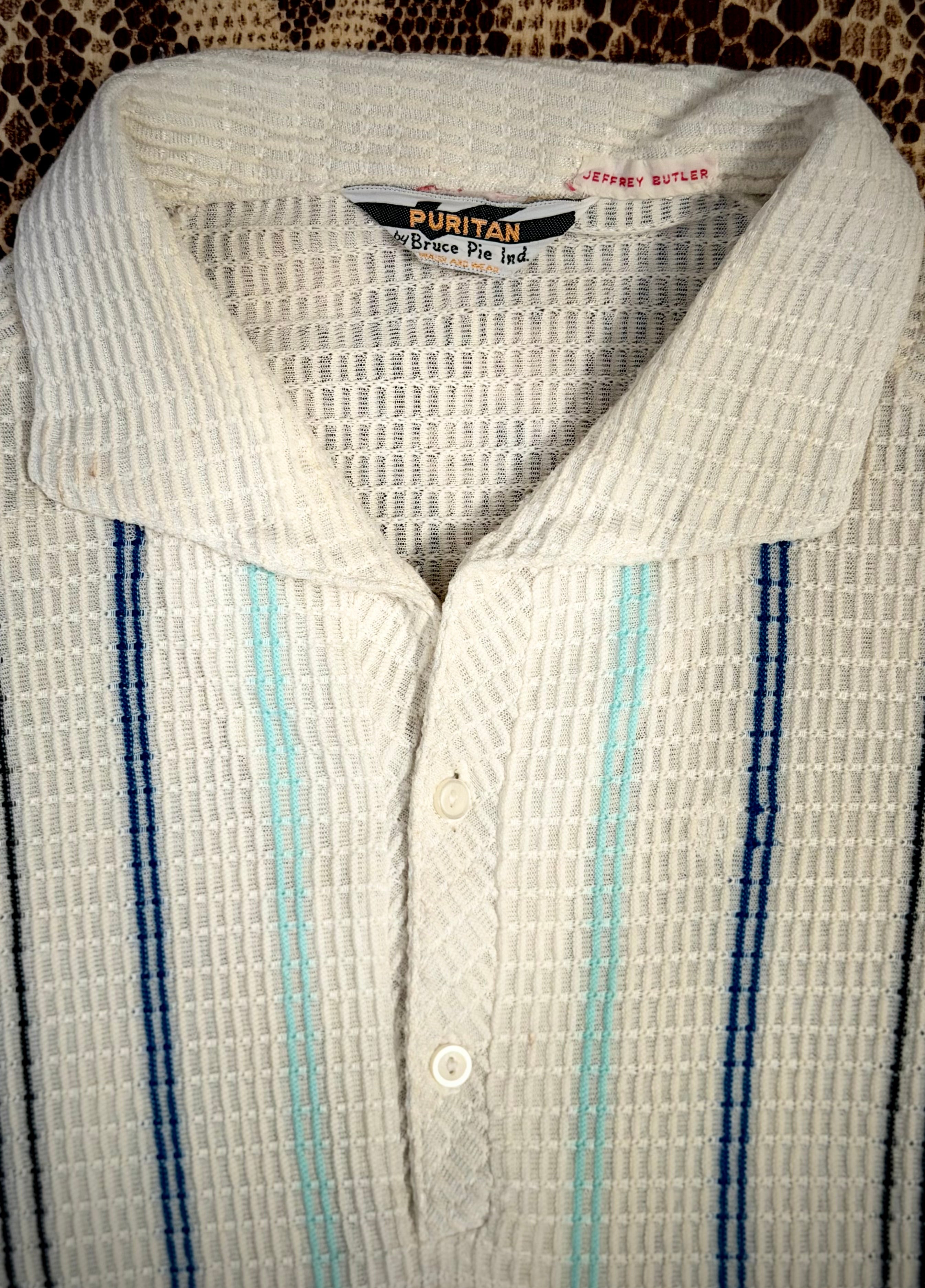 1950s/60s Textured Knit Resort Shirt- Vertical Stripe Waffle Weave (Rare)