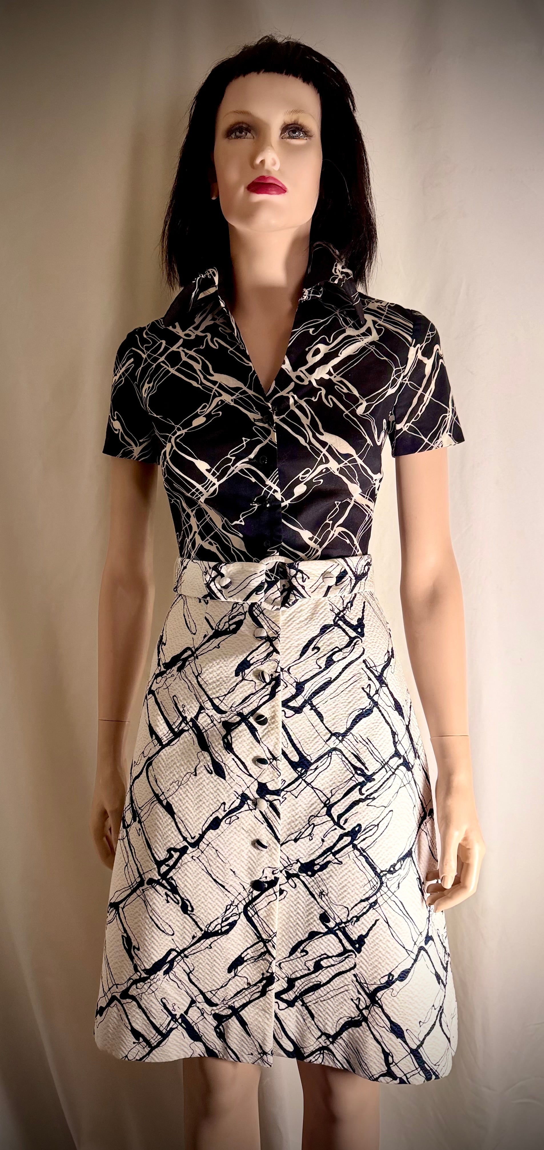 Pristine 1950s Abstract Print Dress with Sculptural Collar