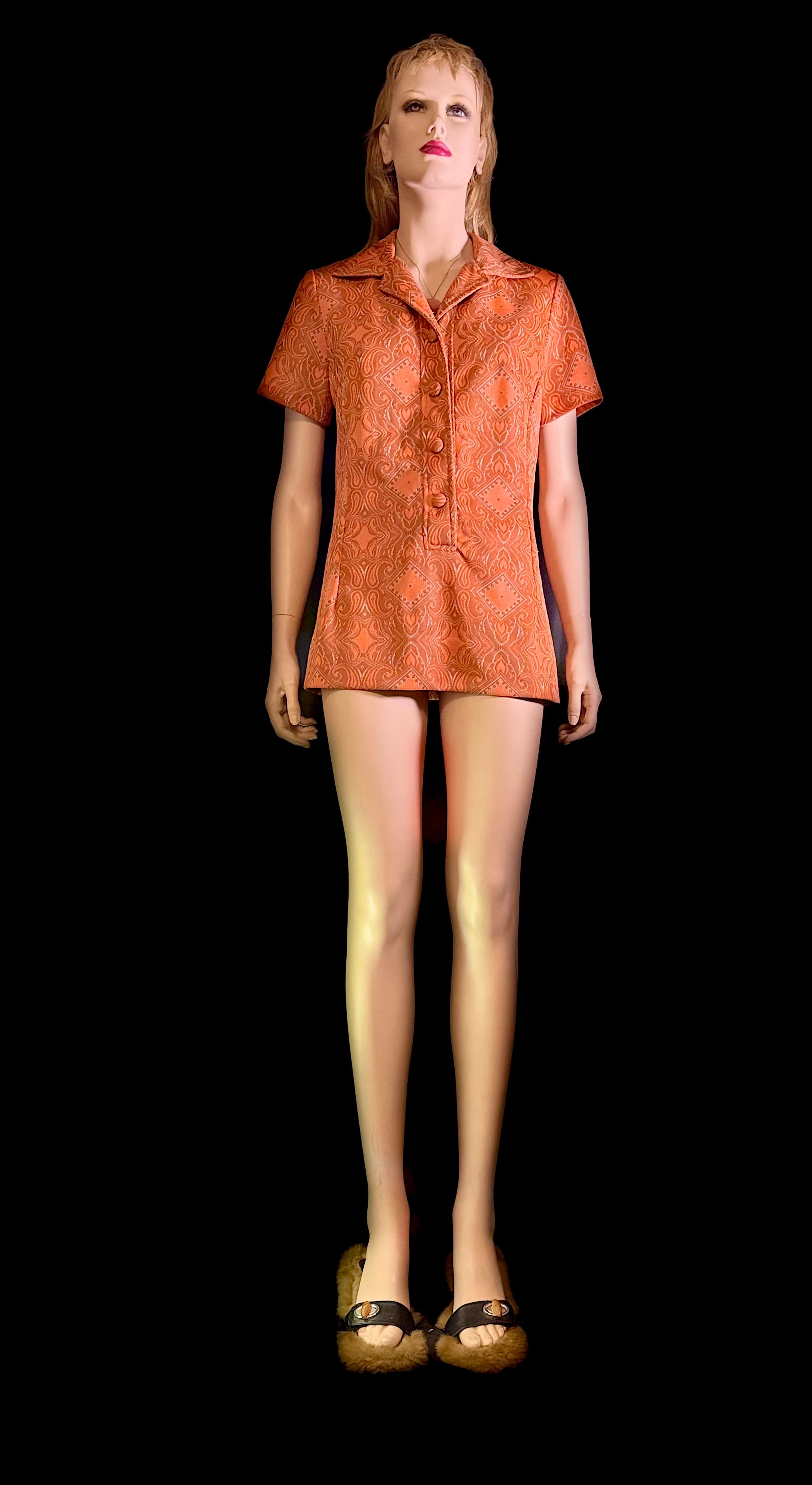 Vintage 1960s Copper Jacquard Short-Sleeve Top / Mini Tunic - Mint Condition