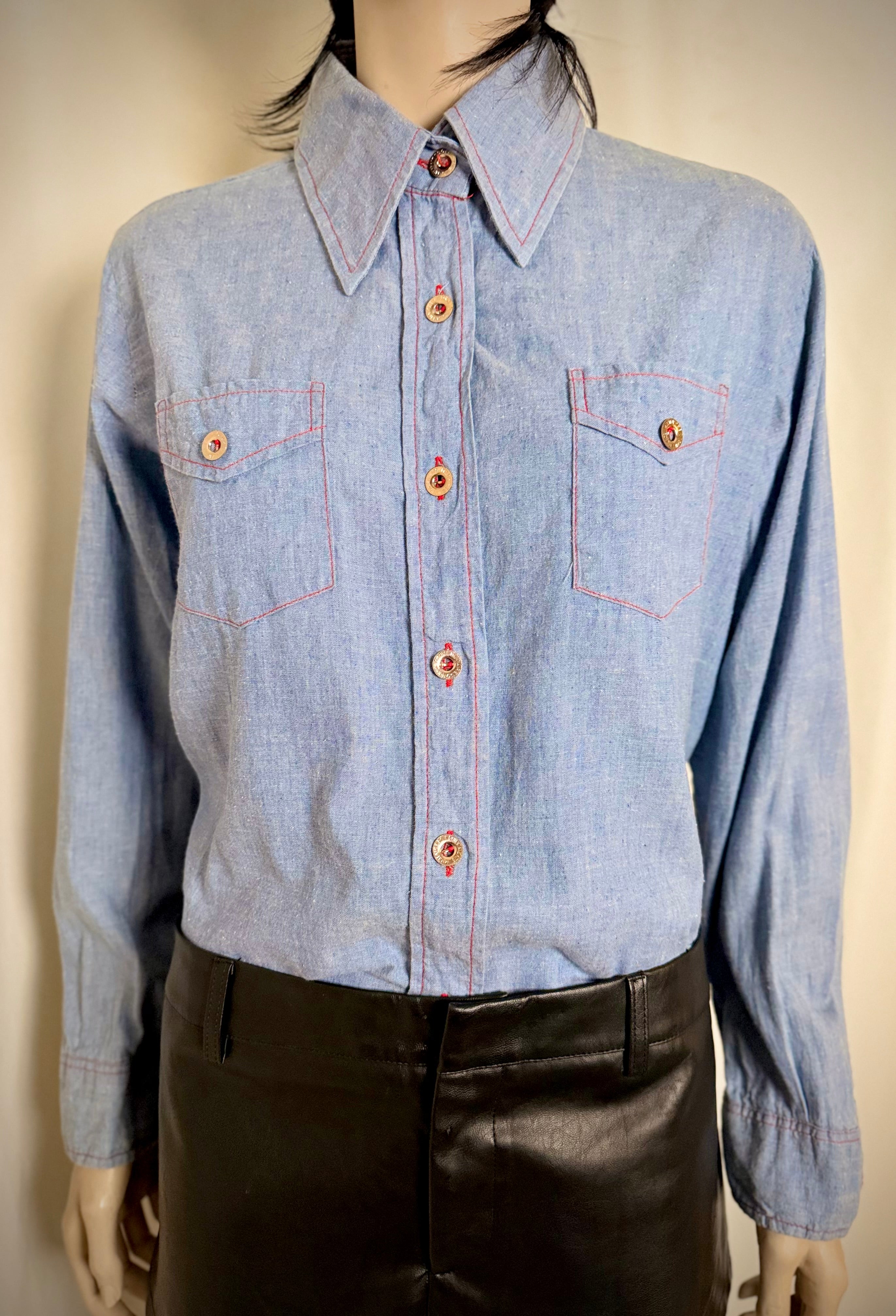1970s American Denim Shirt with French Military Buttons – Dagger Collar, Red Contrast Stitching