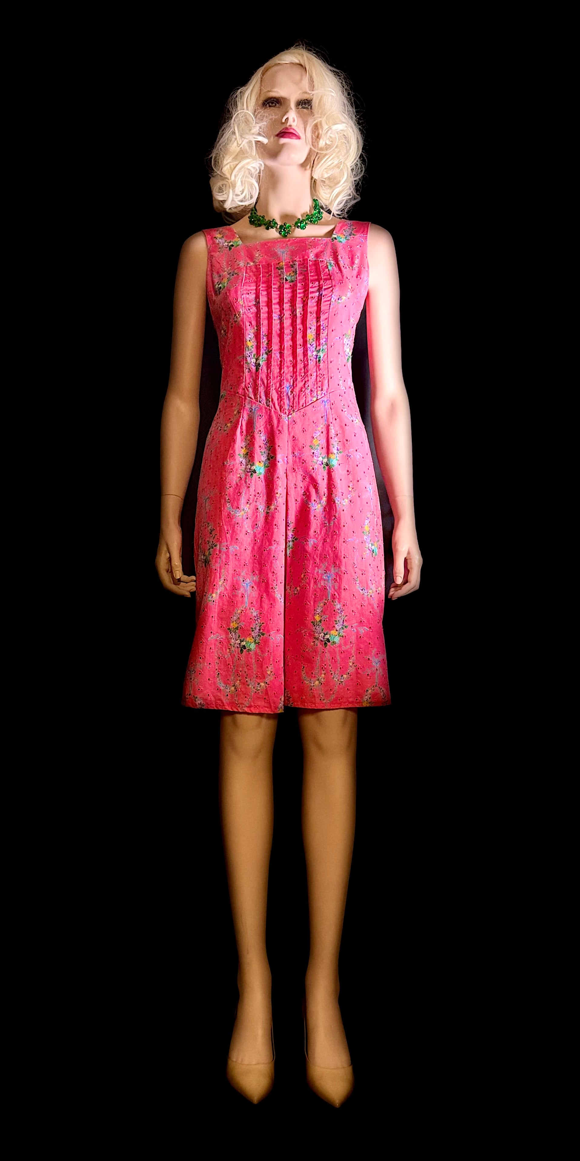 Circa 1960 Pink Floral Eyelet Cotton Dress with Pintucked Bodice