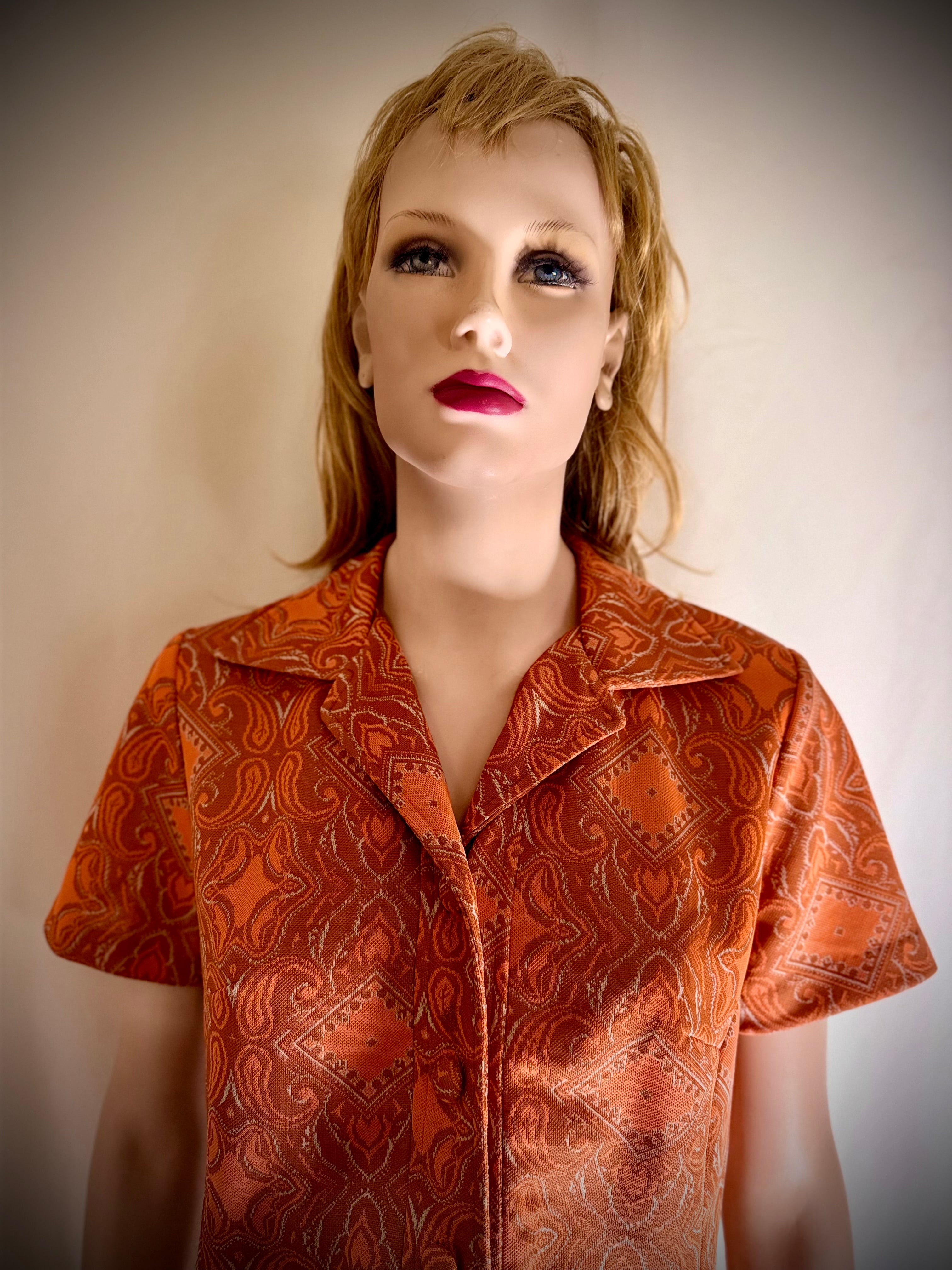 Vintage 1960s Copper Jacquard Short-Sleeve Top / Mini Tunic - Mint Condition