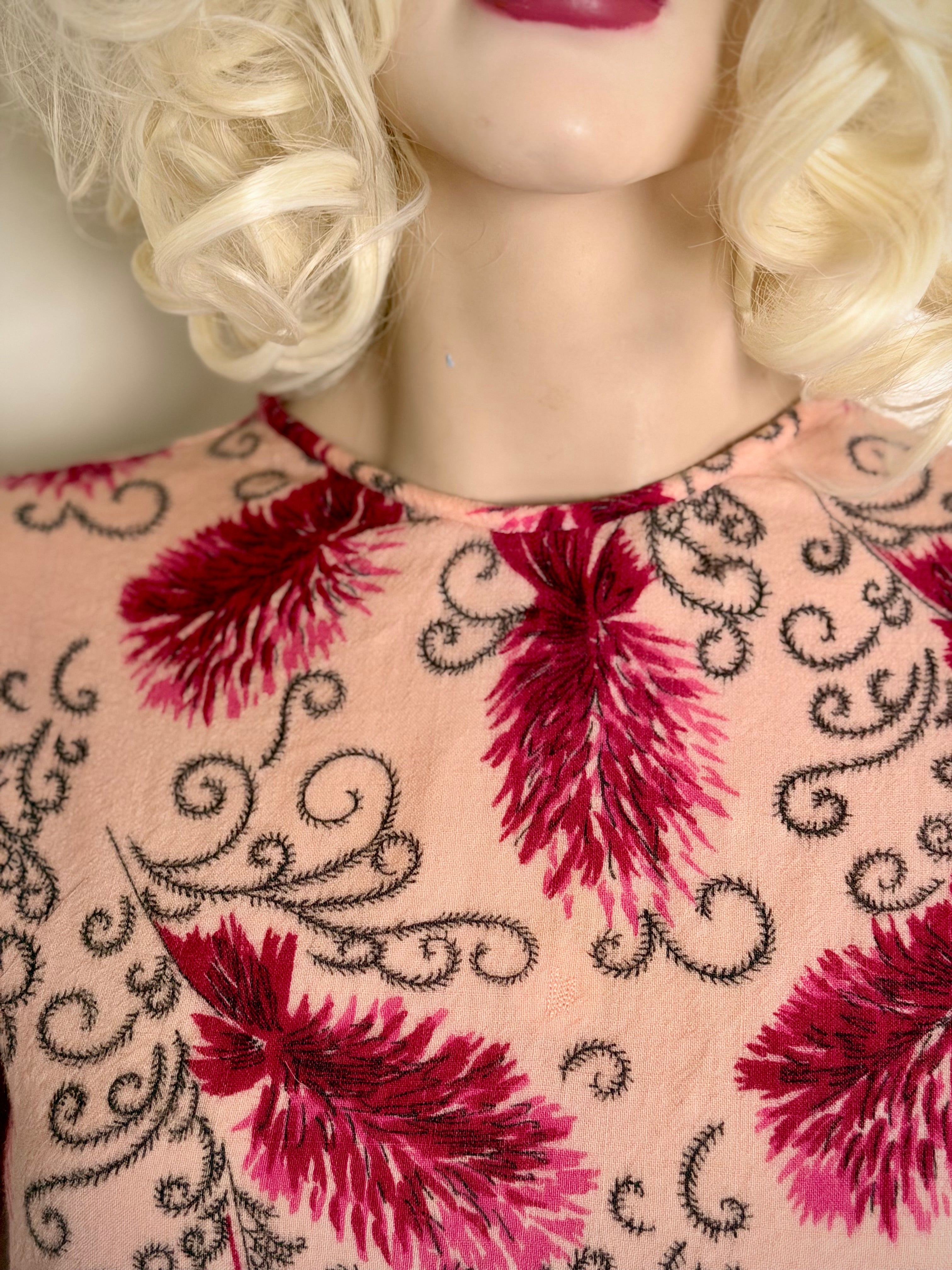 Circa 1940s Cotton Day Dress with Raspberry Print- Professionally Restored
