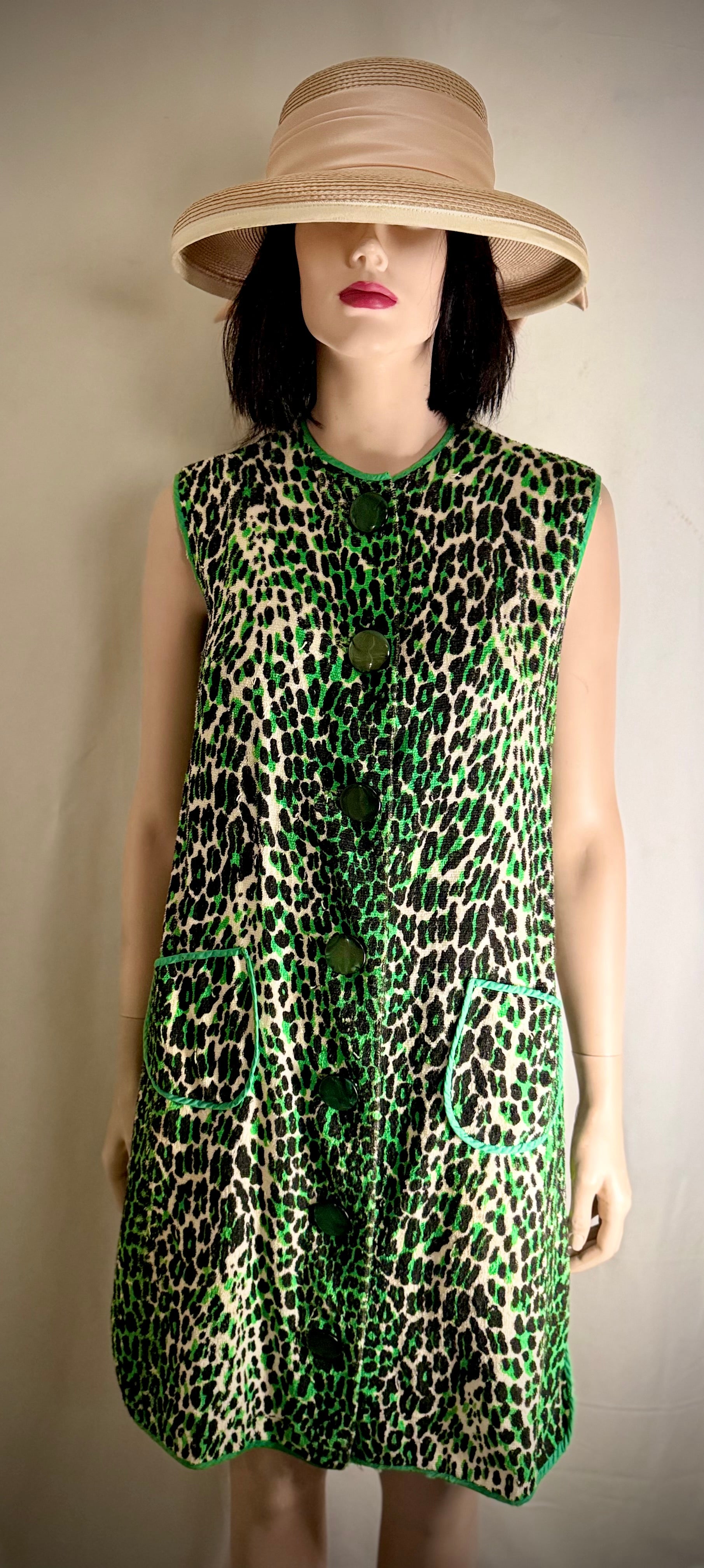 Vintage 1960s Leopard Print Towelling Dress | Unworn | Graphic Green