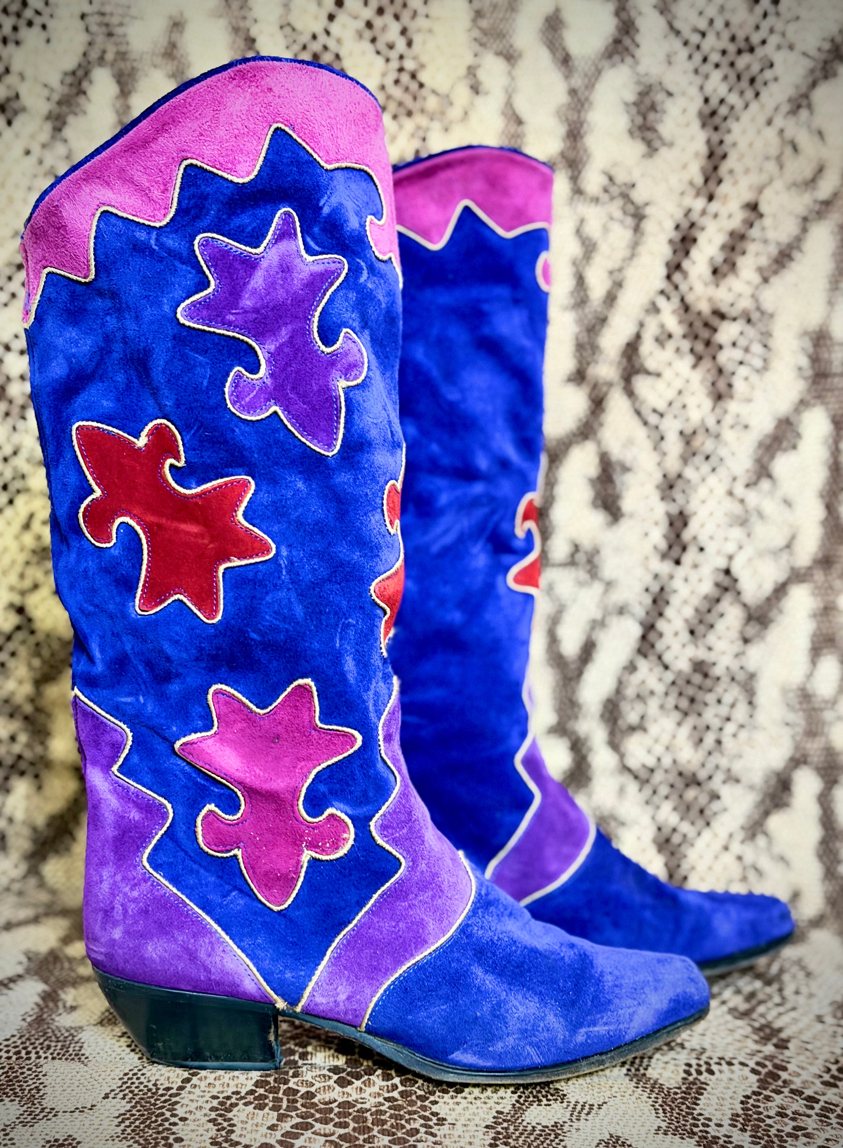 Vintage 1980s Biondini Suede Appliqué Cowboy Boots