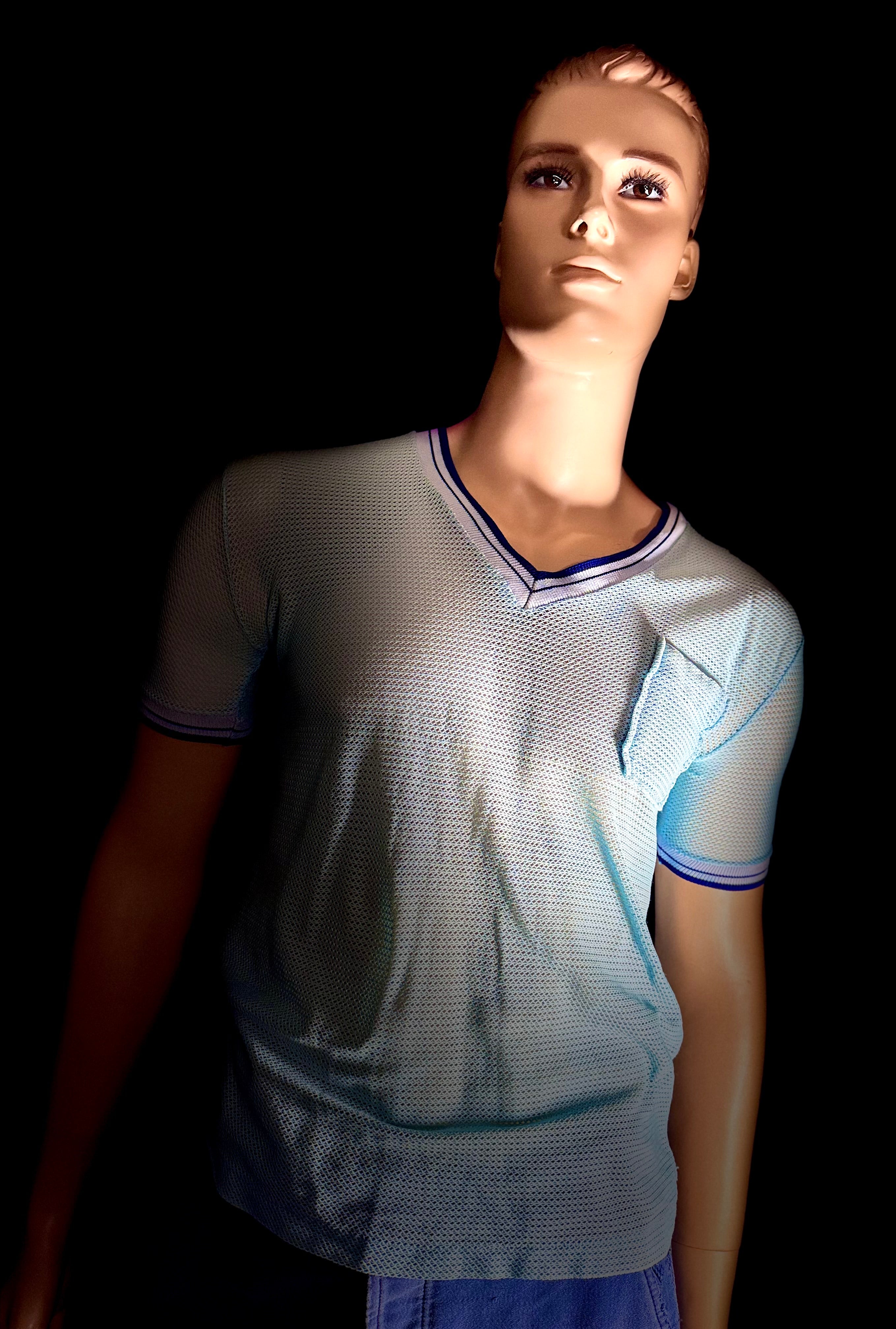 1960s Powder Blue Mesh Athletic Tee - Varsity Trim (Vintage Sportswear)