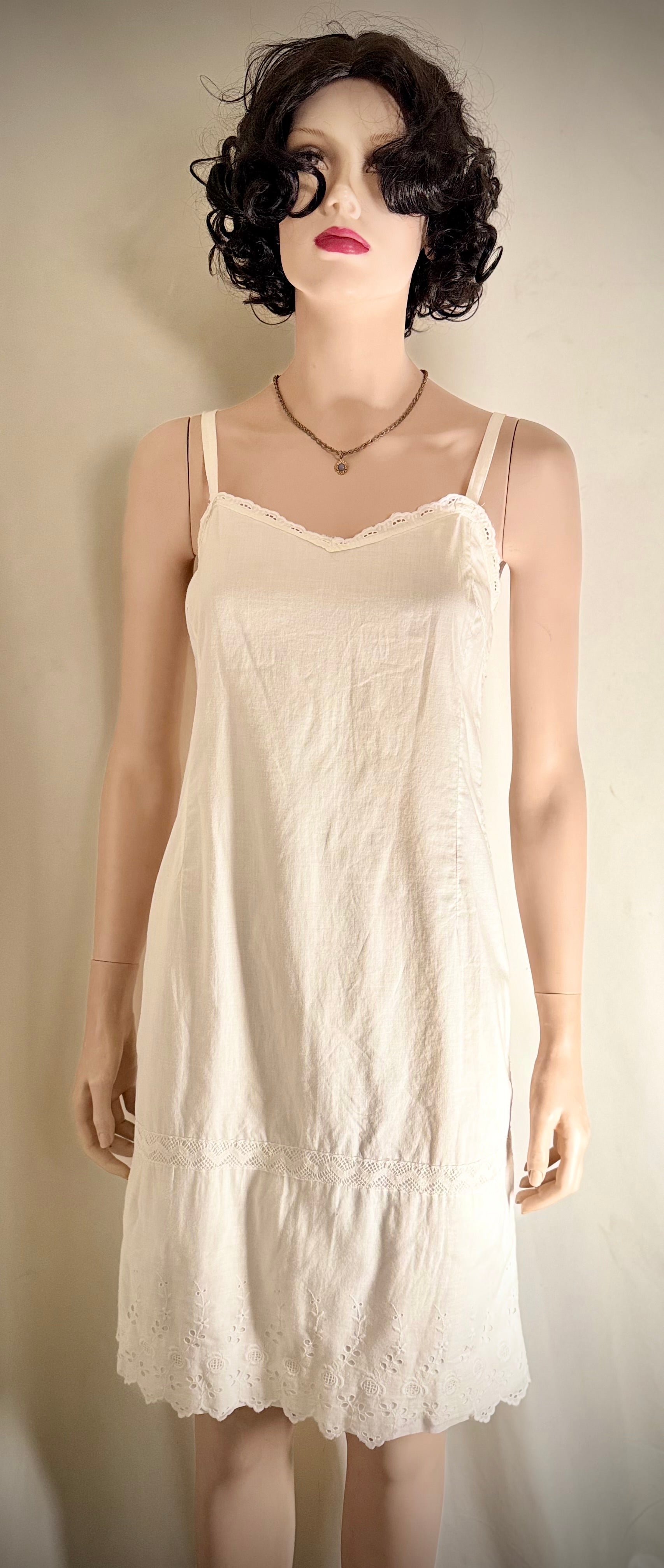 Late 1930s Hand-Made Cotton Slip - Utility Era Eyelet Trim Petticoat