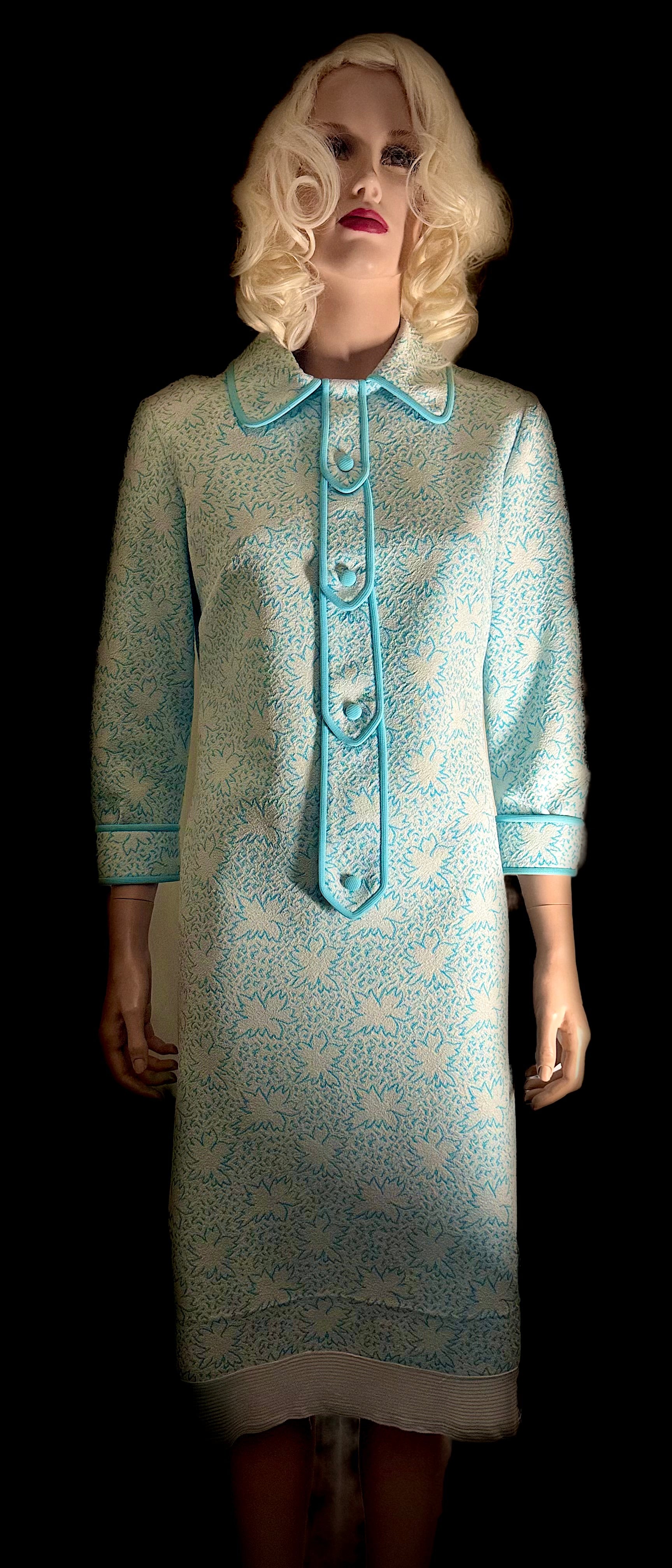 Immaculate 1960s Turquoise-Trimmed Textured Day Dress