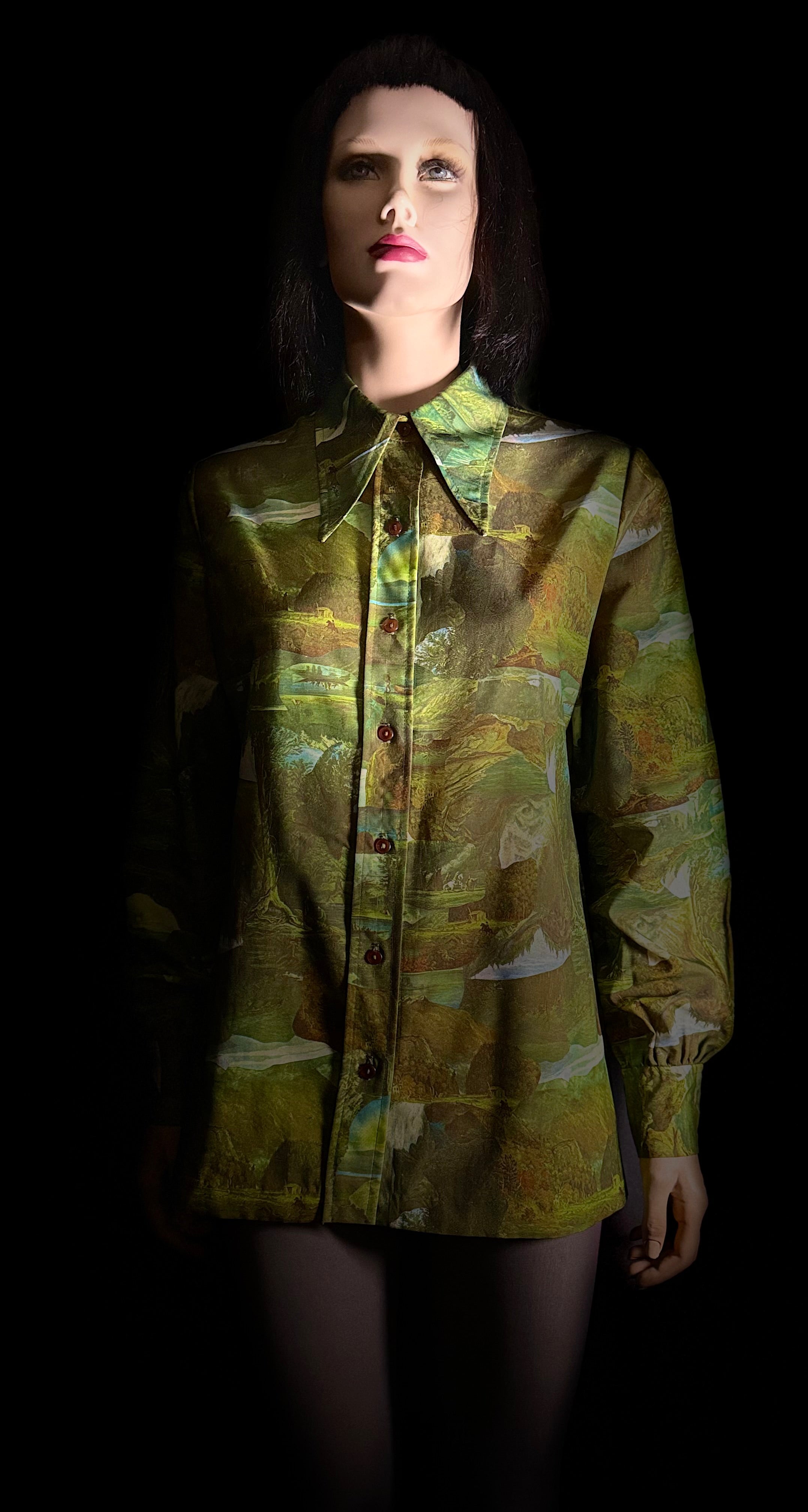 Late 1960s–Early 1970s Forest Scenic Print Shirt | Painterly Landscape Blouse