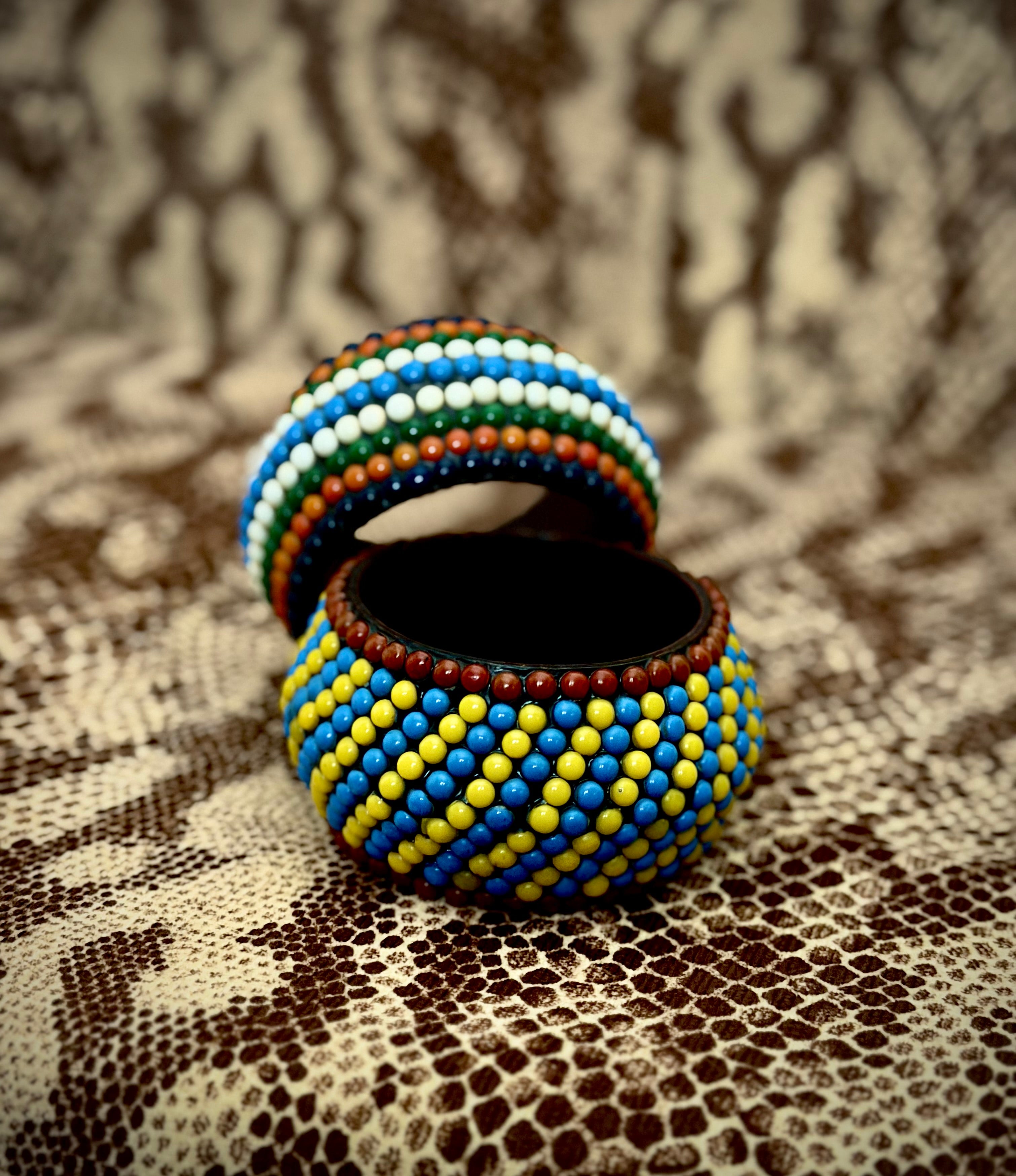 1980s African Beaded Wooden Bangle | Blue and Yellow Geometric Design