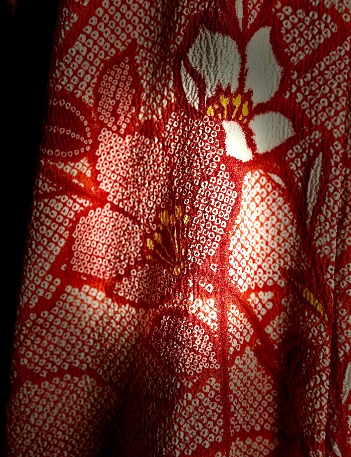 Vintage Japanese Hand-Shibori Silk Kimono Jacket - Red with Embroidered Florals