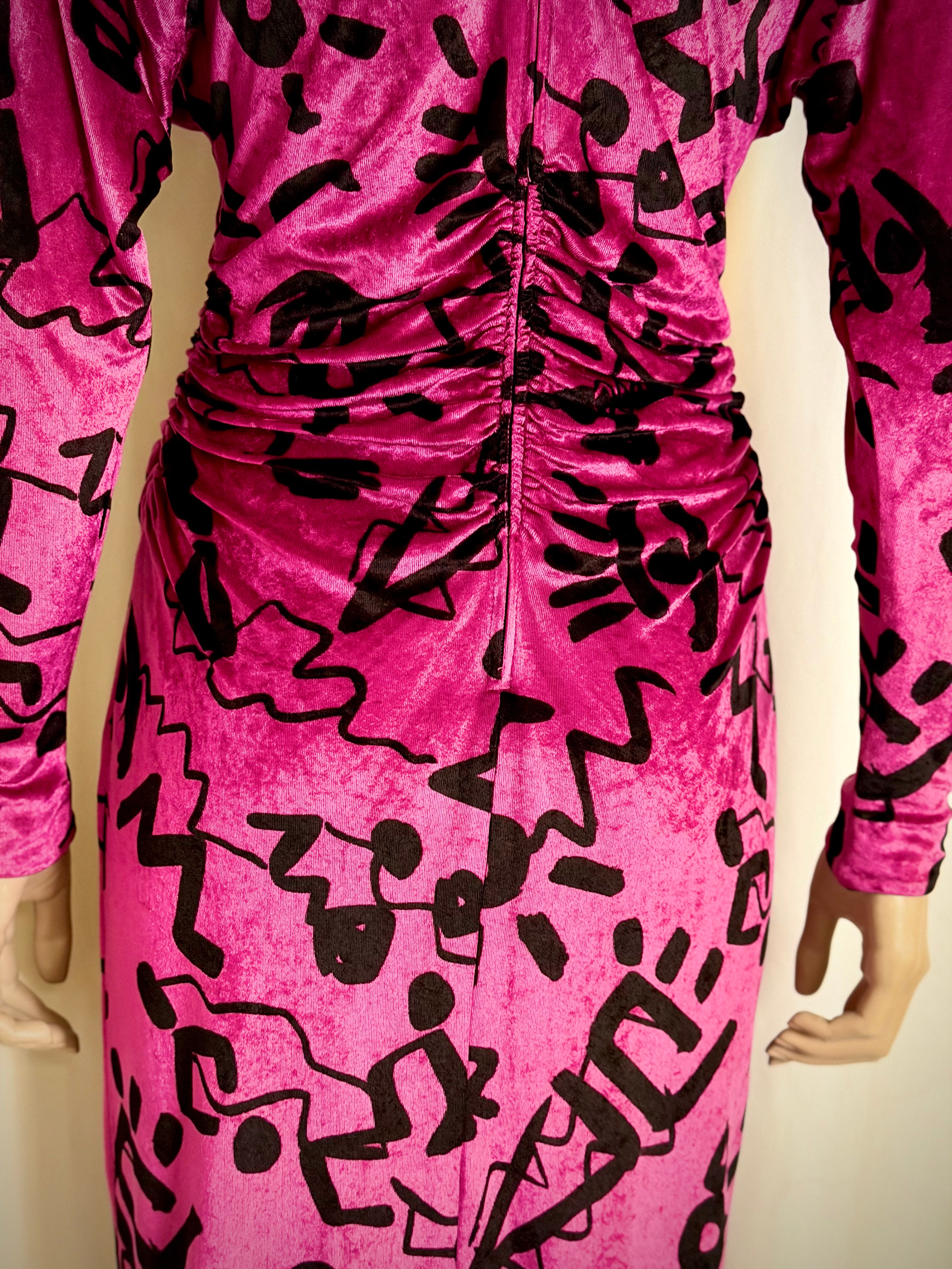 Nicole Miller Vintage Fuchsia Velvet Graphic Print Dress
