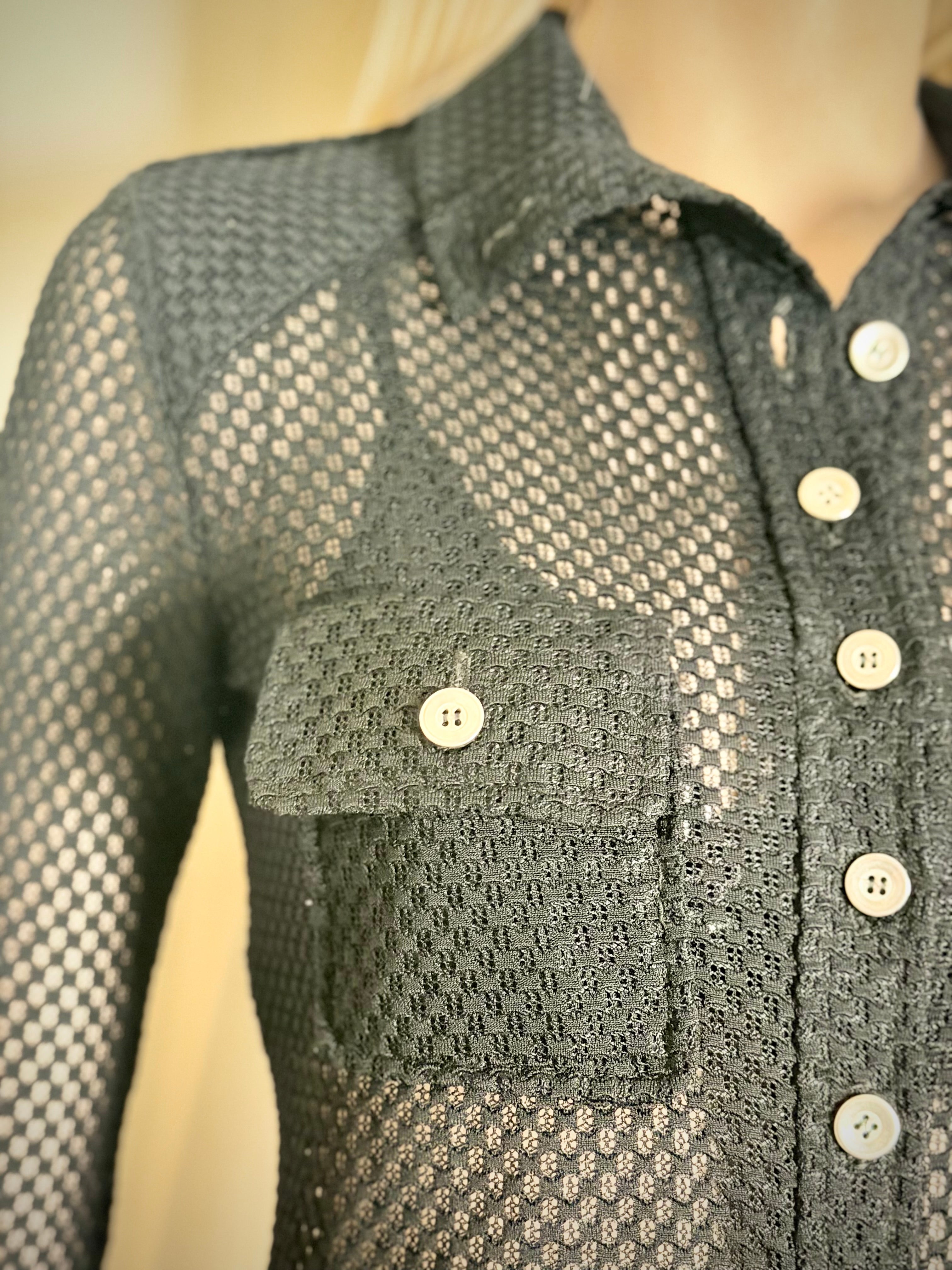 1970s Black Lace Mesh Jumpsuit With Military Details