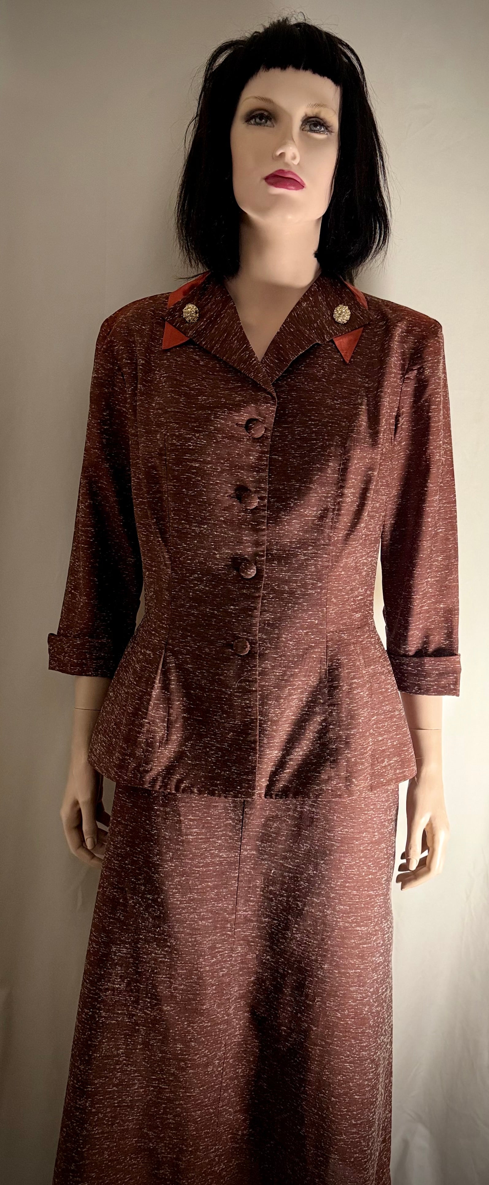 Late 1940s Vintage Skirt Suit - Rayon-Cotton with Satin Collar Detail
