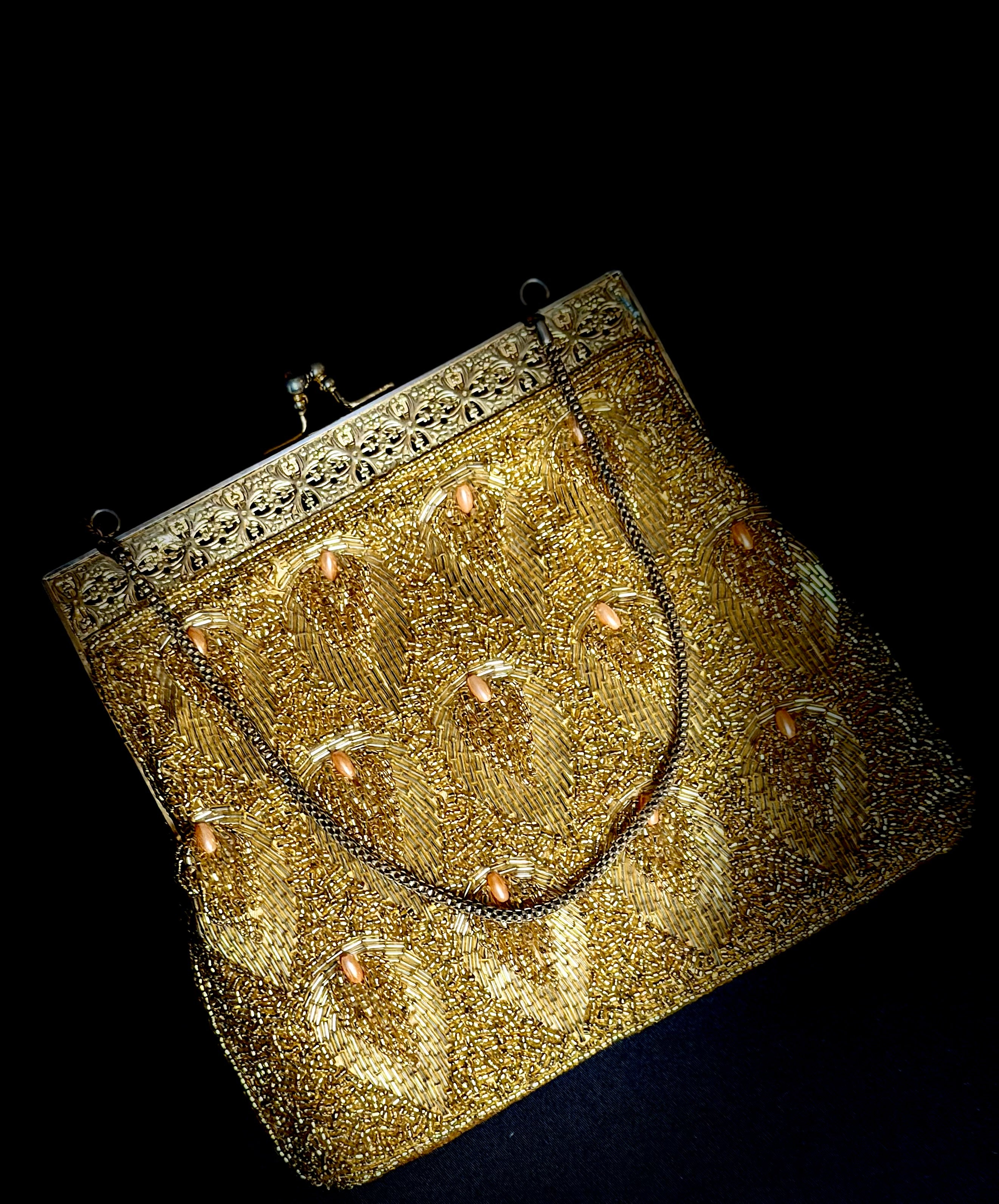 Evening Bag - 1950s Gold Beaded Clutch with Floral Filigree Frame”
