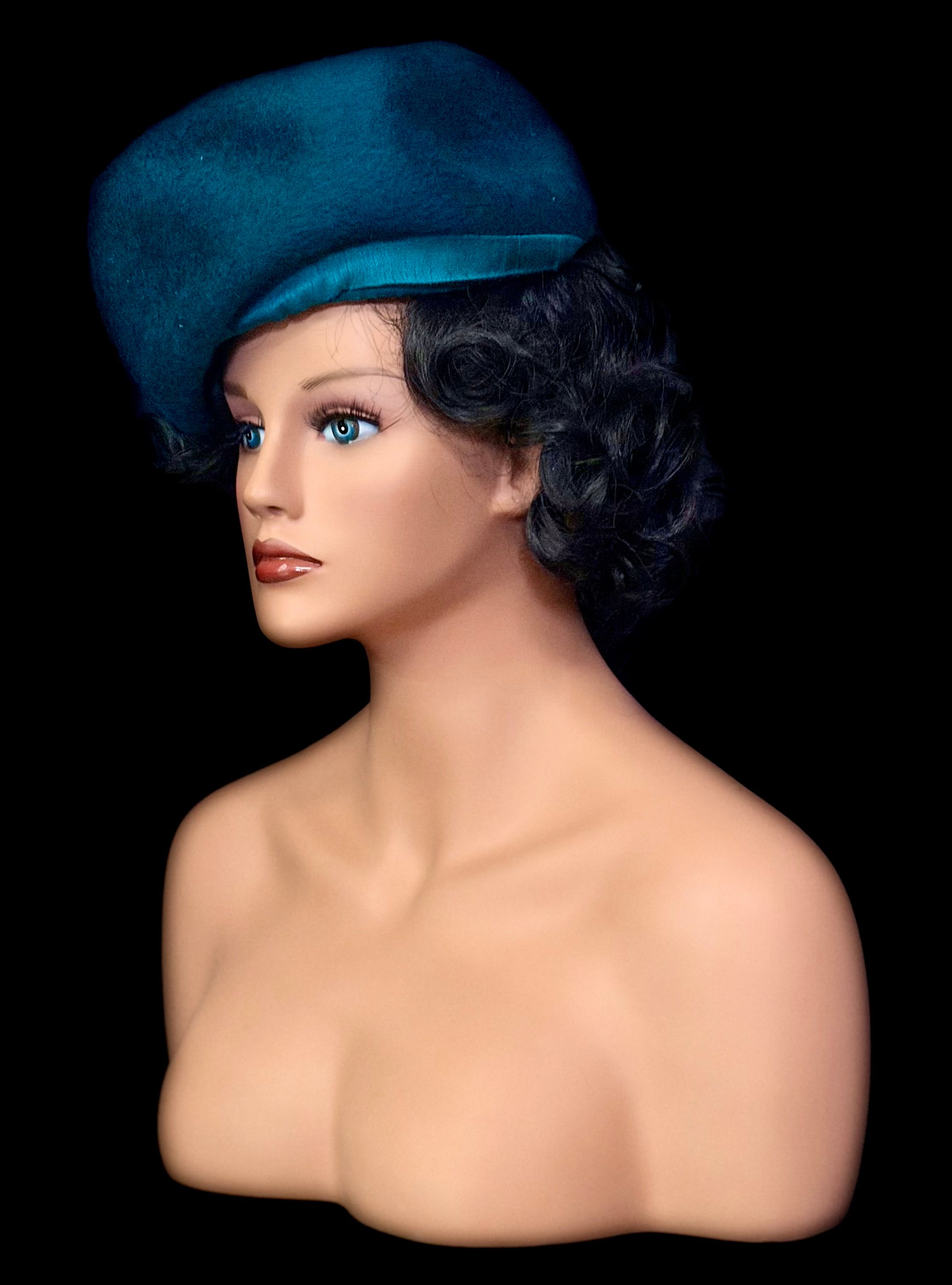 1960s Teal Felt Tilt Hat-David Jones Service Millinery | Sculptural Mid-Century Couture Style