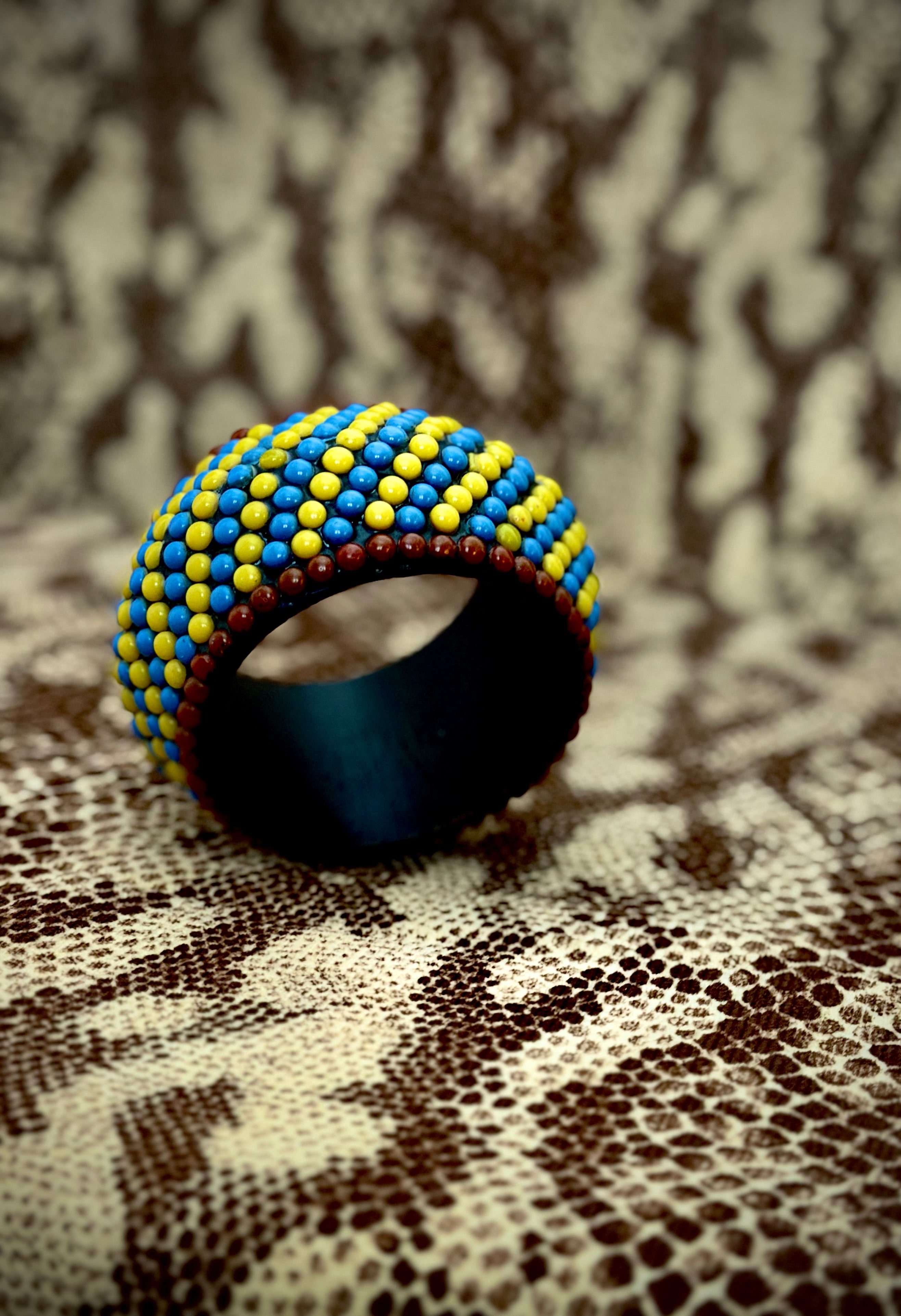 1980s African Beaded Wooden Bangle | Blue and Yellow Geometric Design