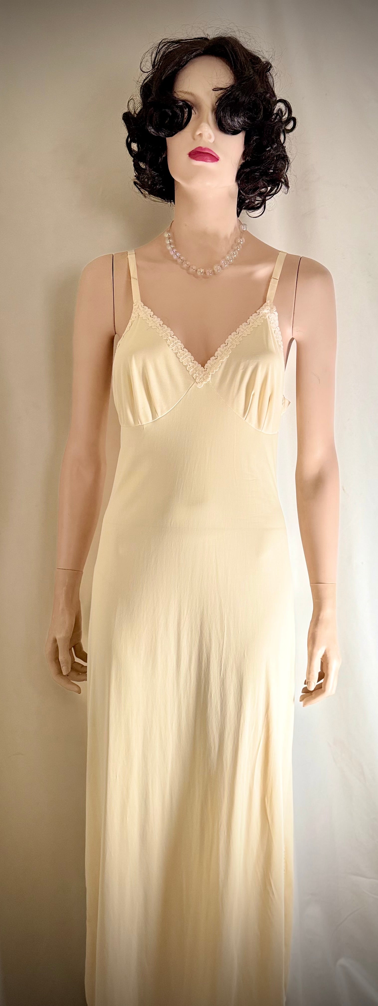 1960s Cream Nylon Slip Dress With Lace Trim
