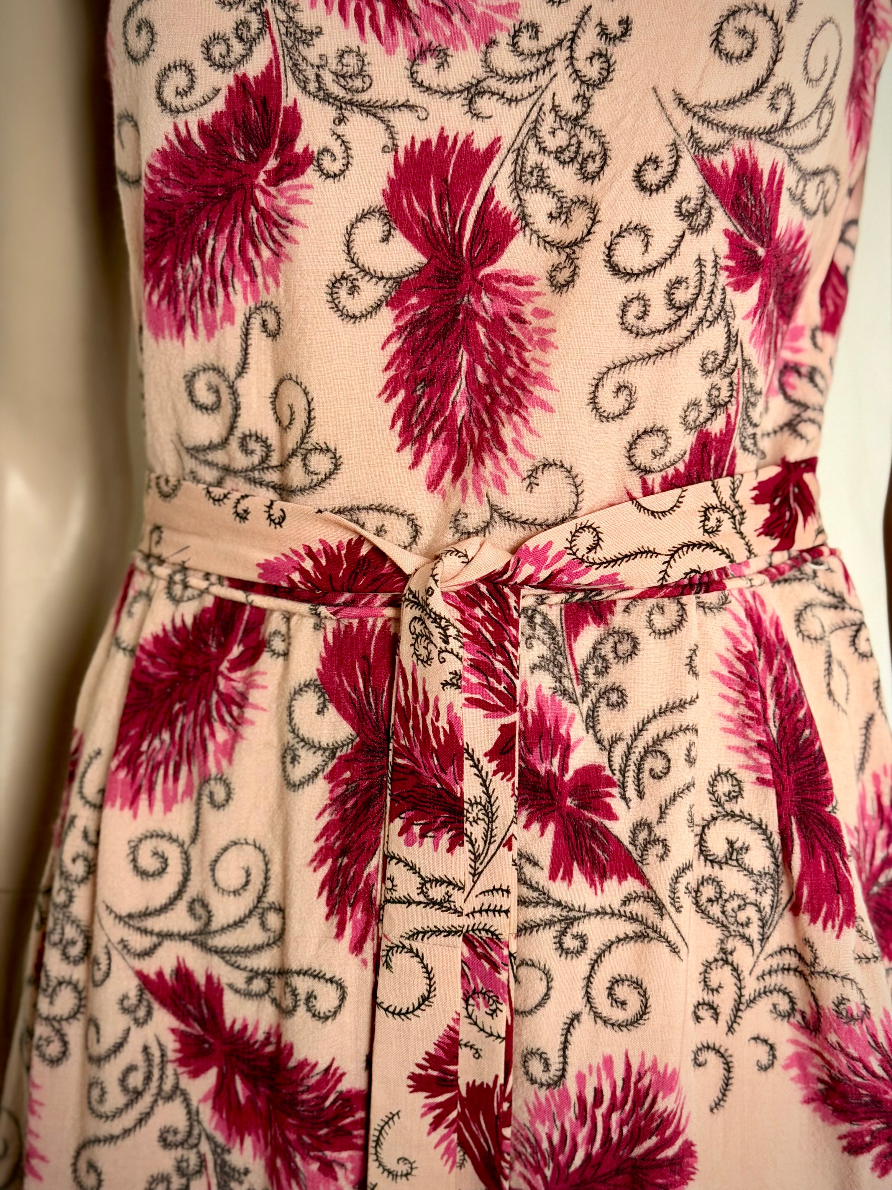 Circa 1940s Cotton Day Dress with Raspberry Print- Professionally Restored