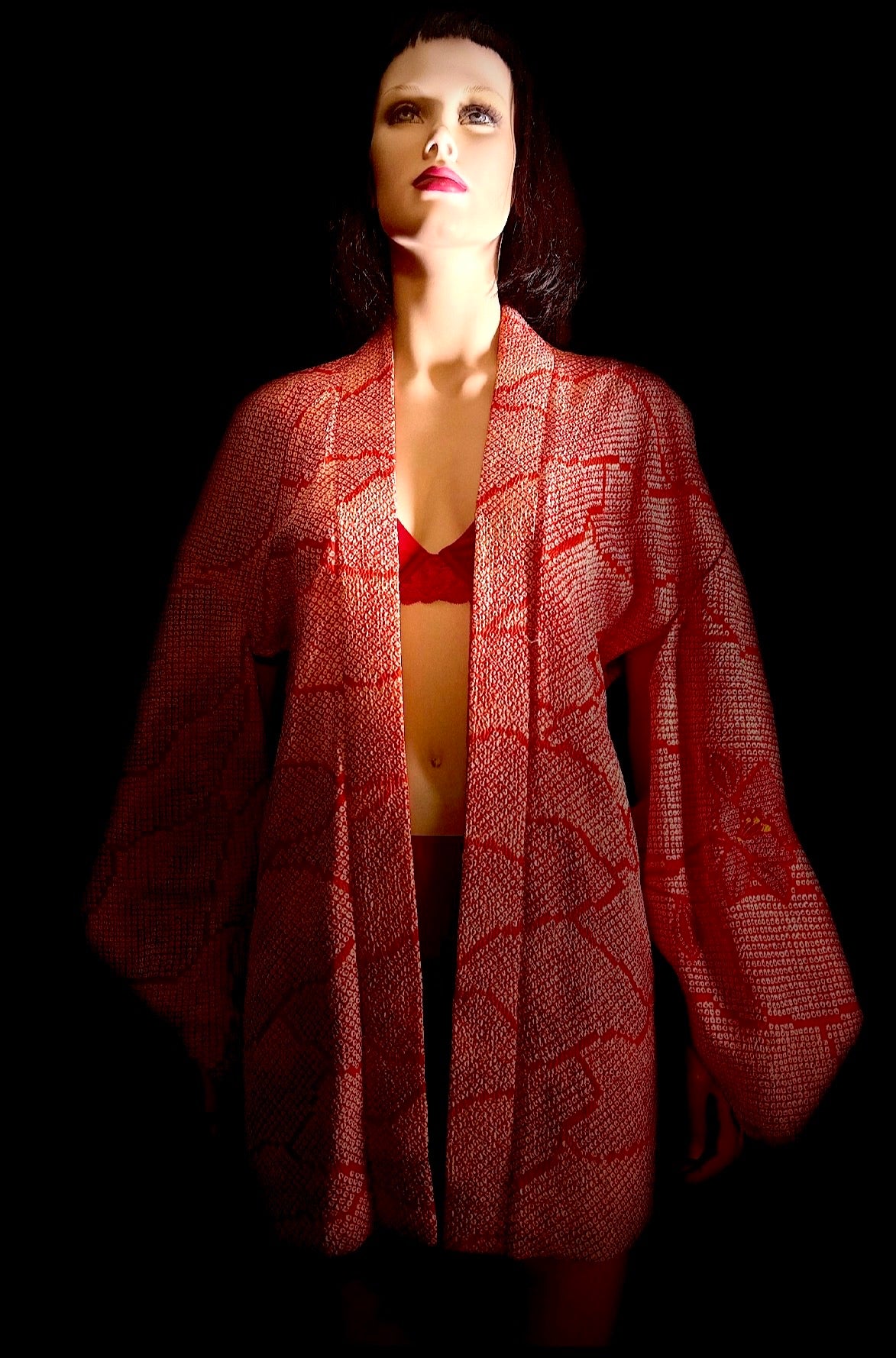 Vintage Japanese Hand-Shibori Silk Kimono Jacket - Red with Embroidered Florals