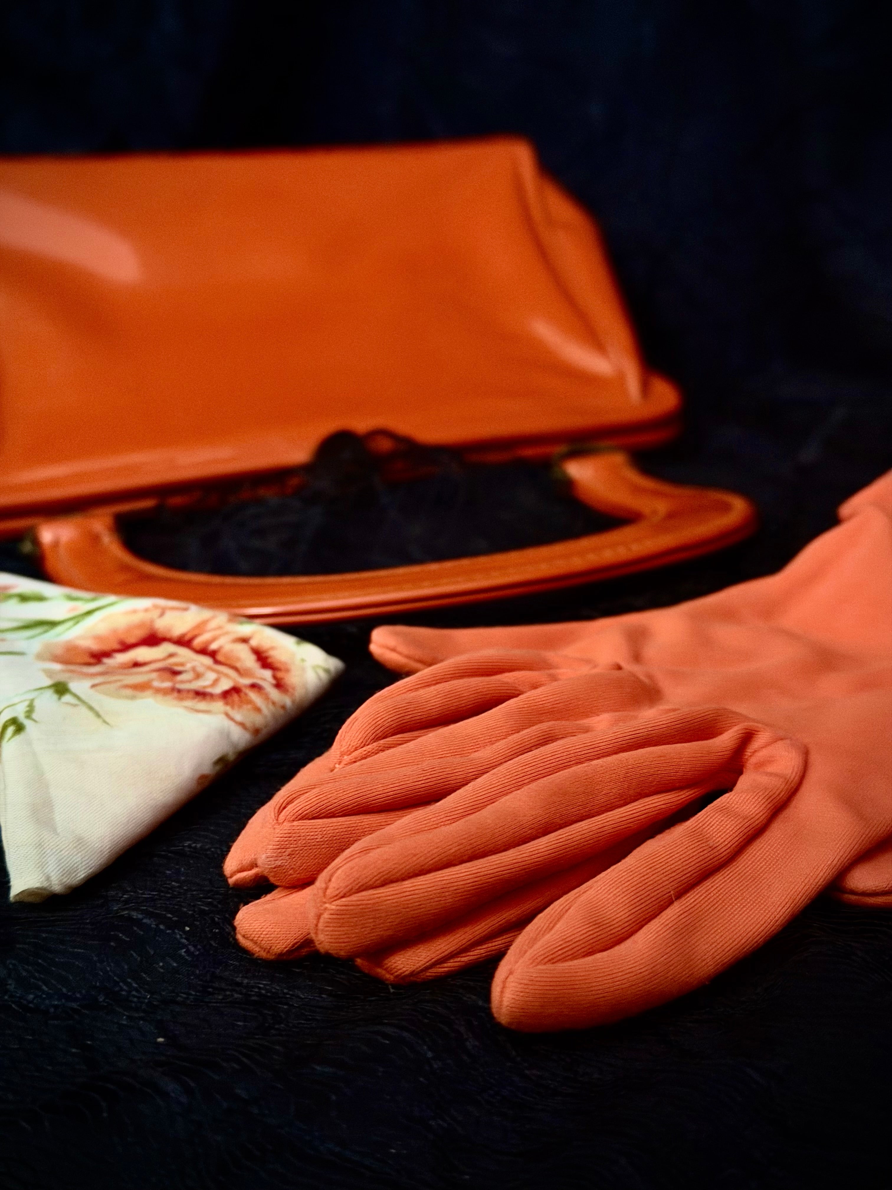 Mid-Century Tangerine Handbag with Original Gloves and Hanky Set