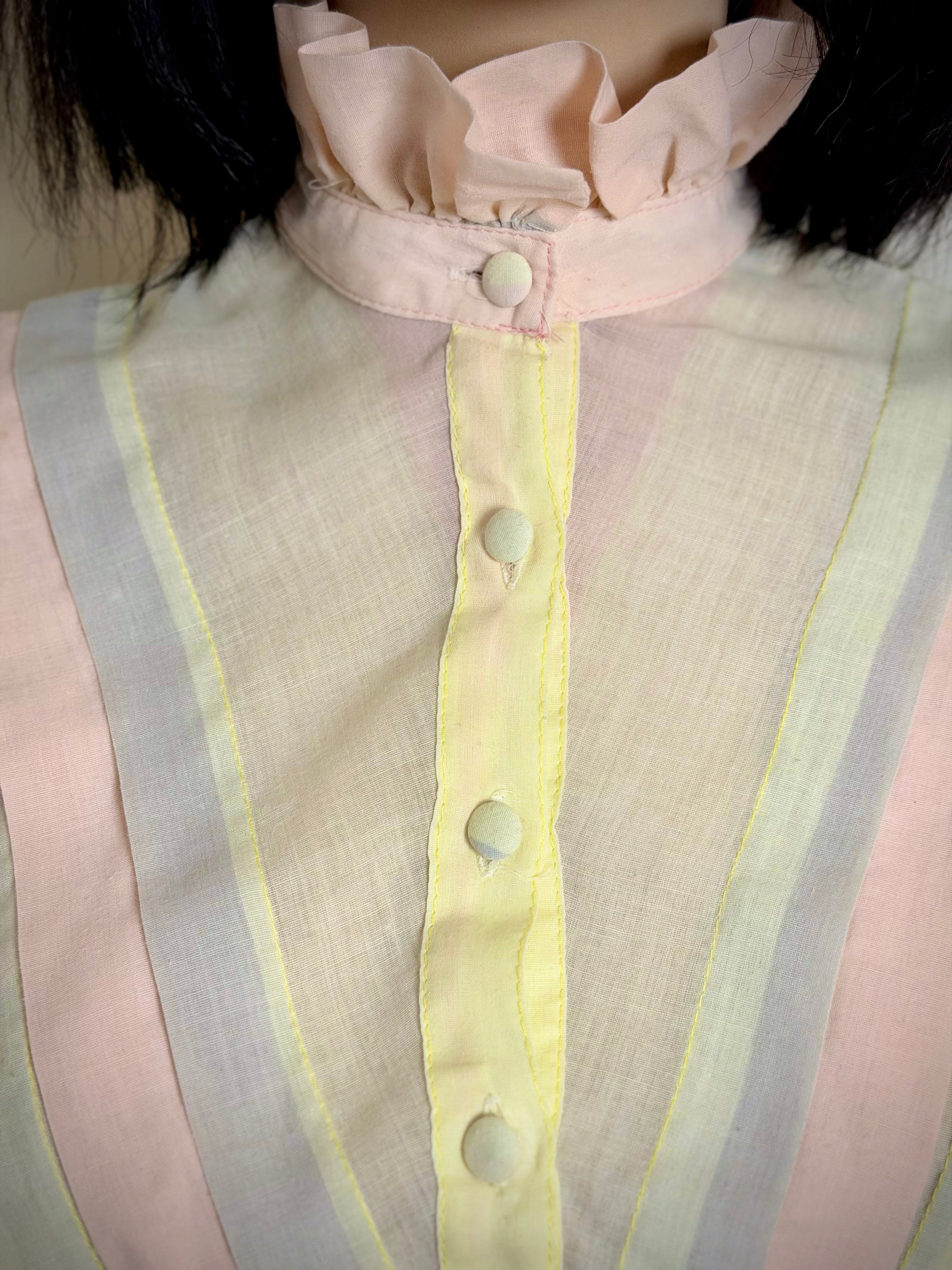 1980s Pastel Stripe Leg of Mutton Cotton Blouse