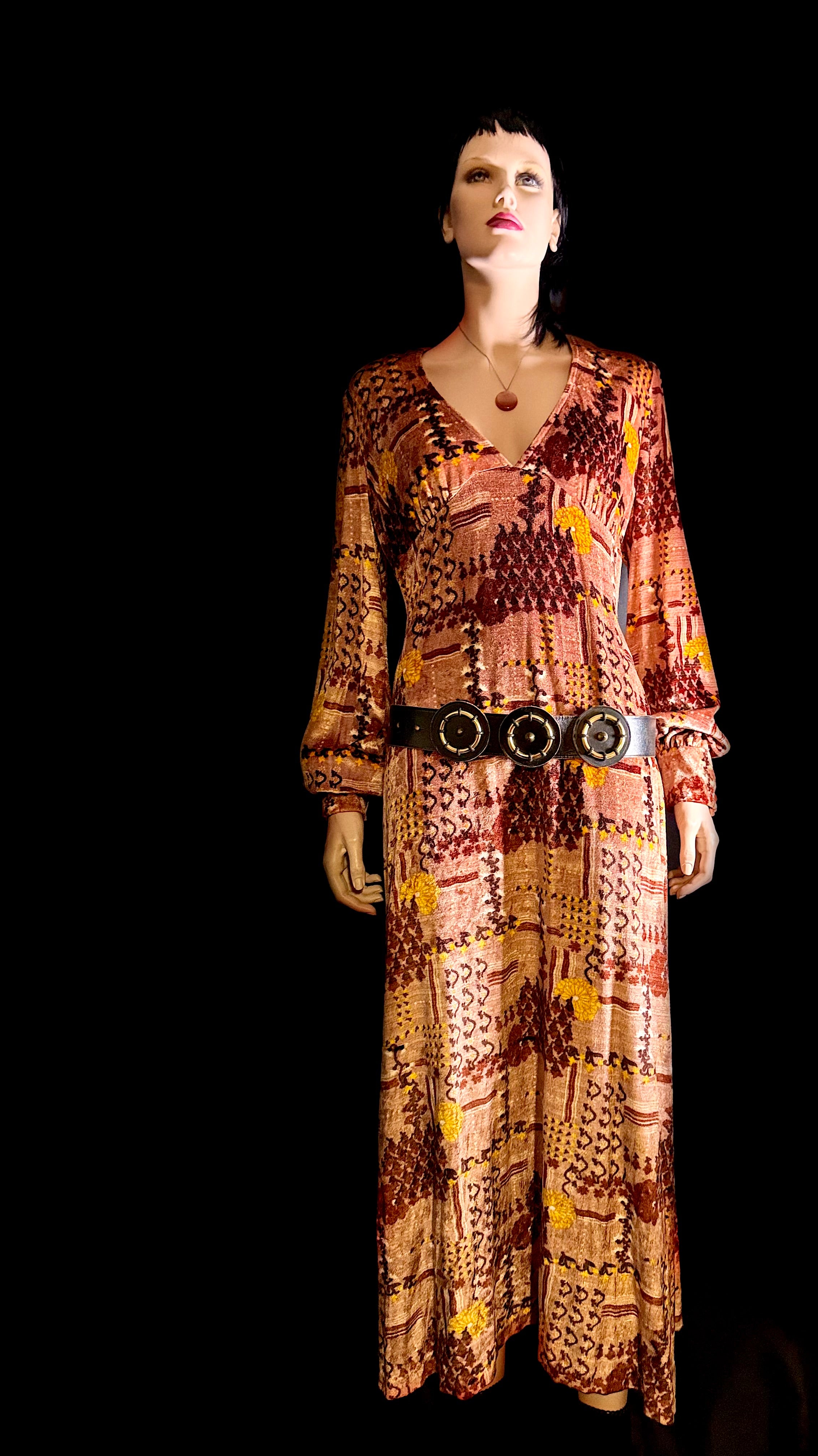 1970s Velvet Maxi Dress | Rich Patchwork Print | Heavy Luxe Fabric