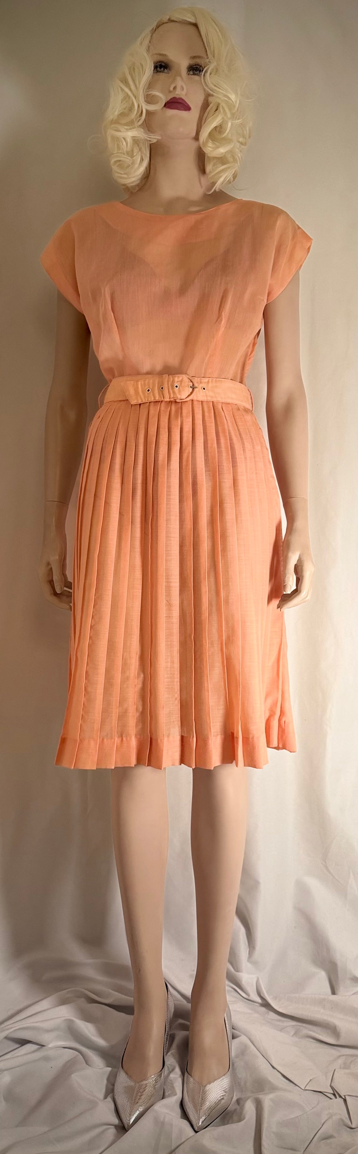 1950s Sheer Peach Knife-Pleat Dress with Original Belt