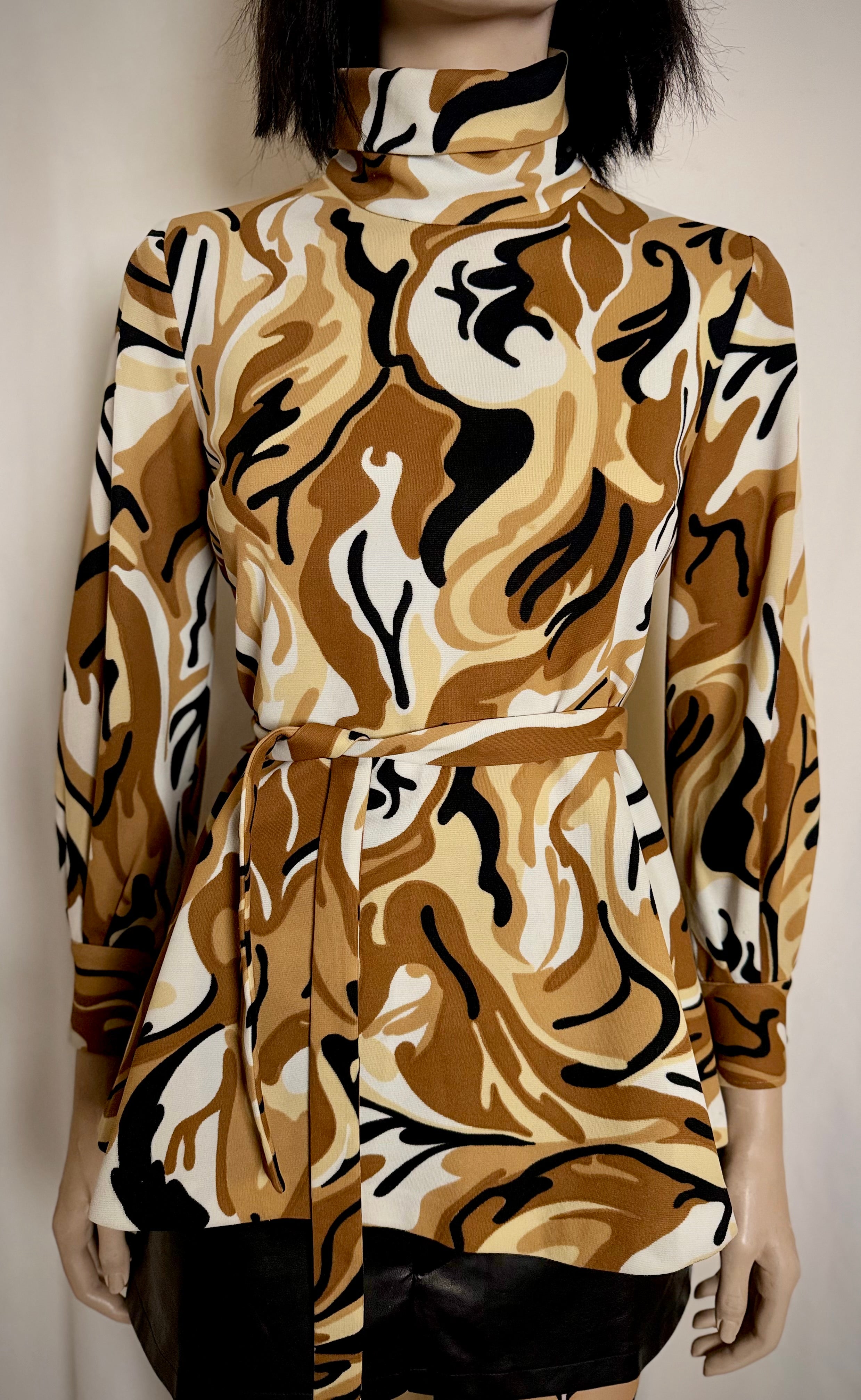1970s Abstract Camouflage Peplum Top