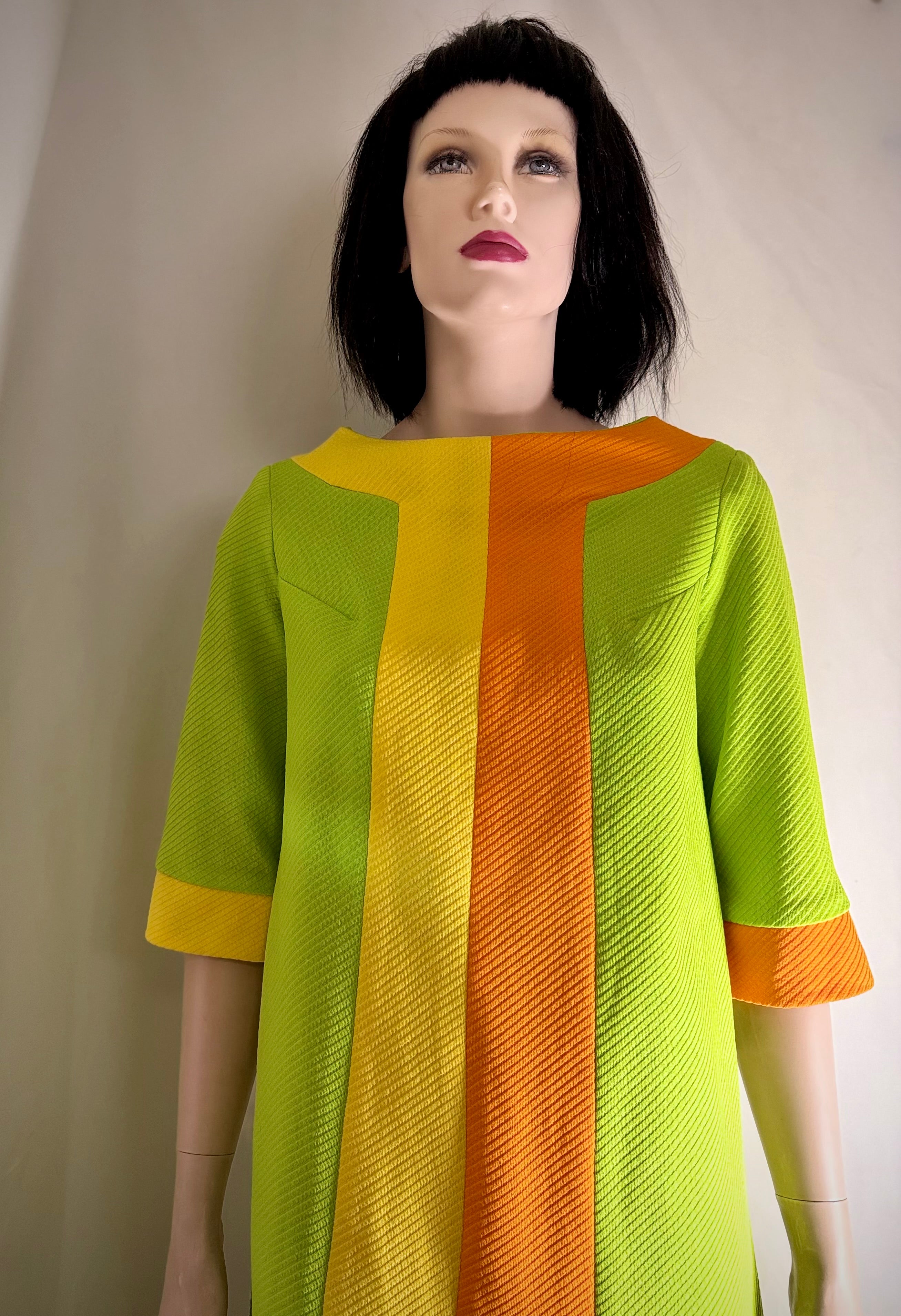 1960s Mod Graphic Stripe Shift Dress - Lime, Yellow and Tangerine