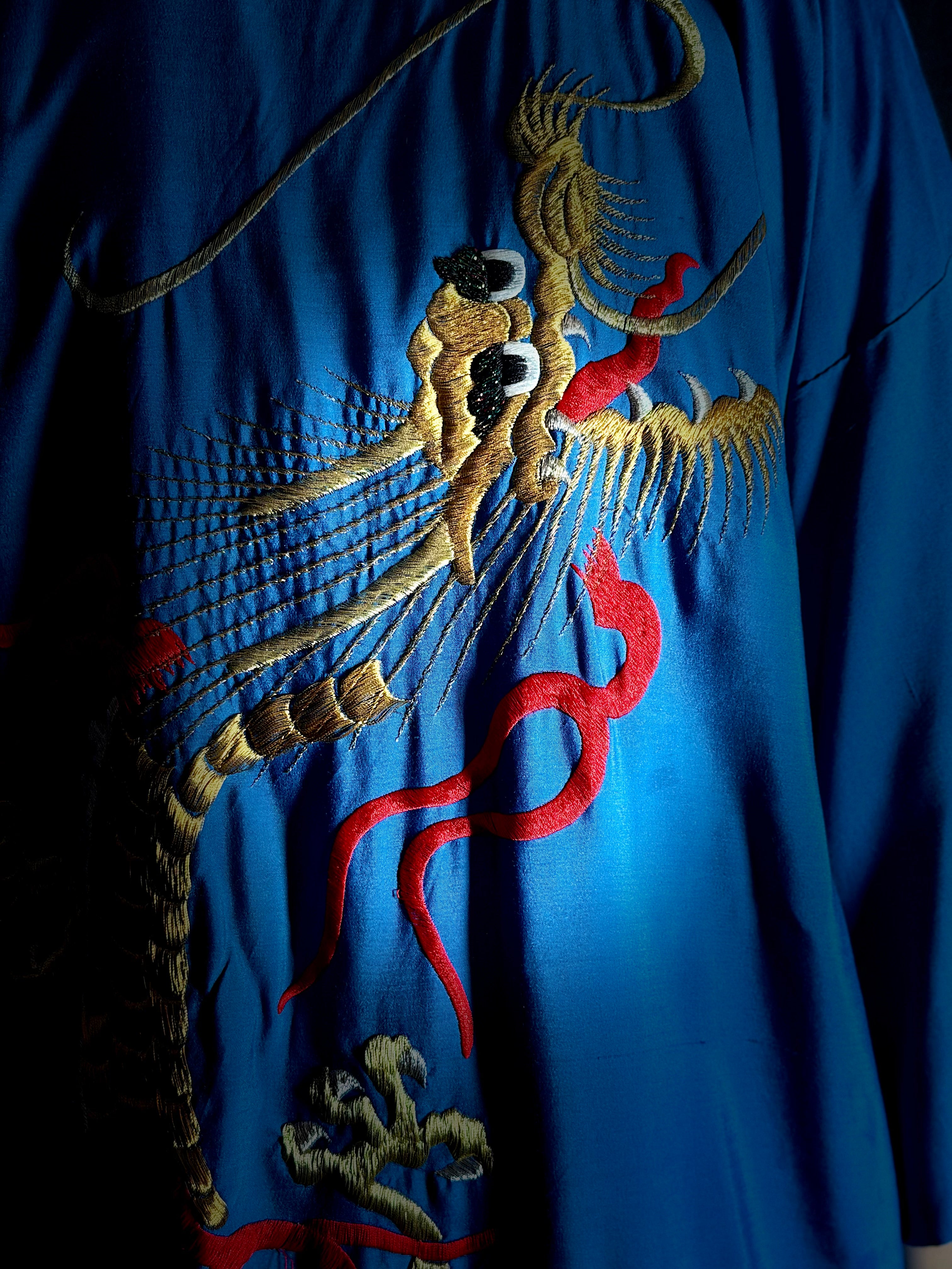 1940s Hand Embroidered Dragon Silk Smoking Robe
– Made in Japan
