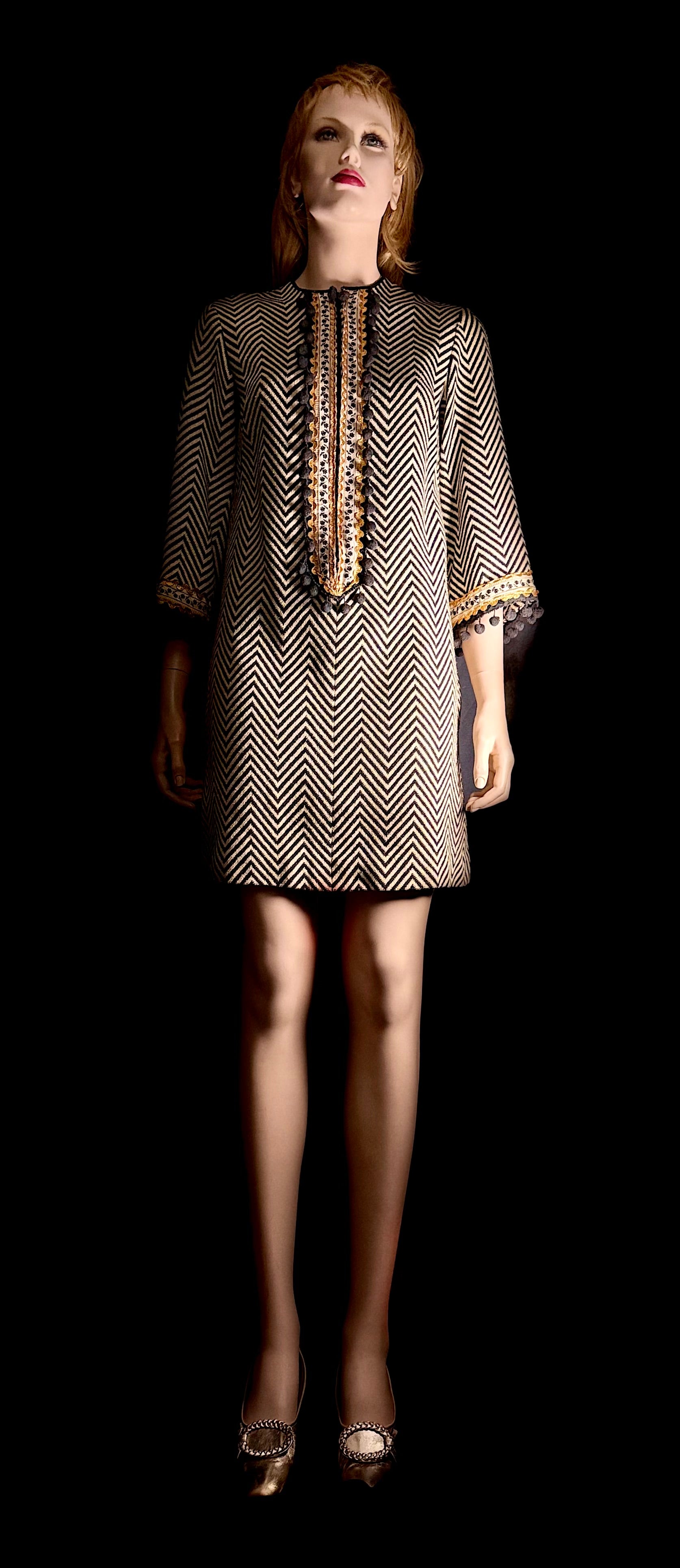 Mid-Century Chevron Weave Dress with Decorative Trim