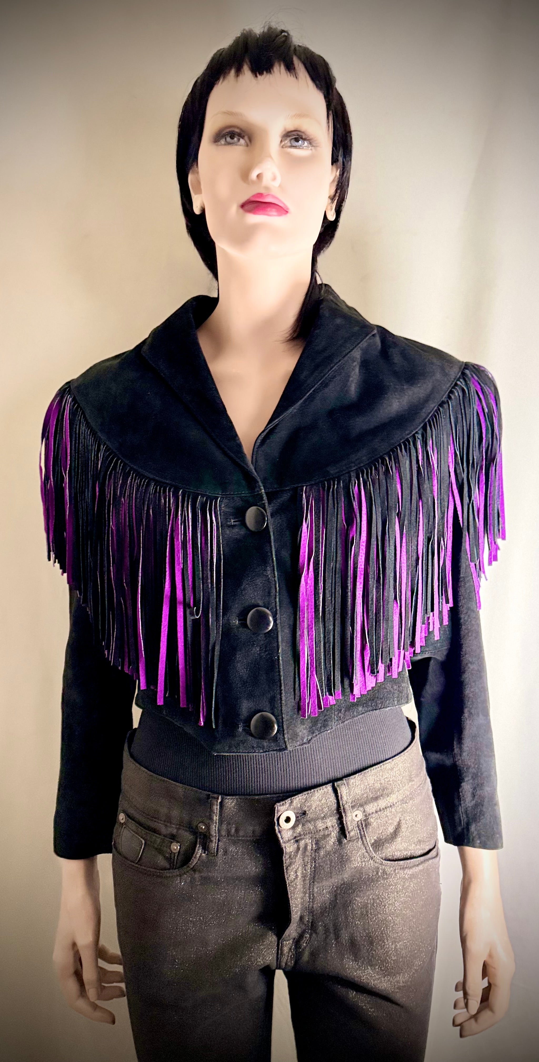 Exceptional 1980s Adler Black and Purple Suede Fringe Jacket