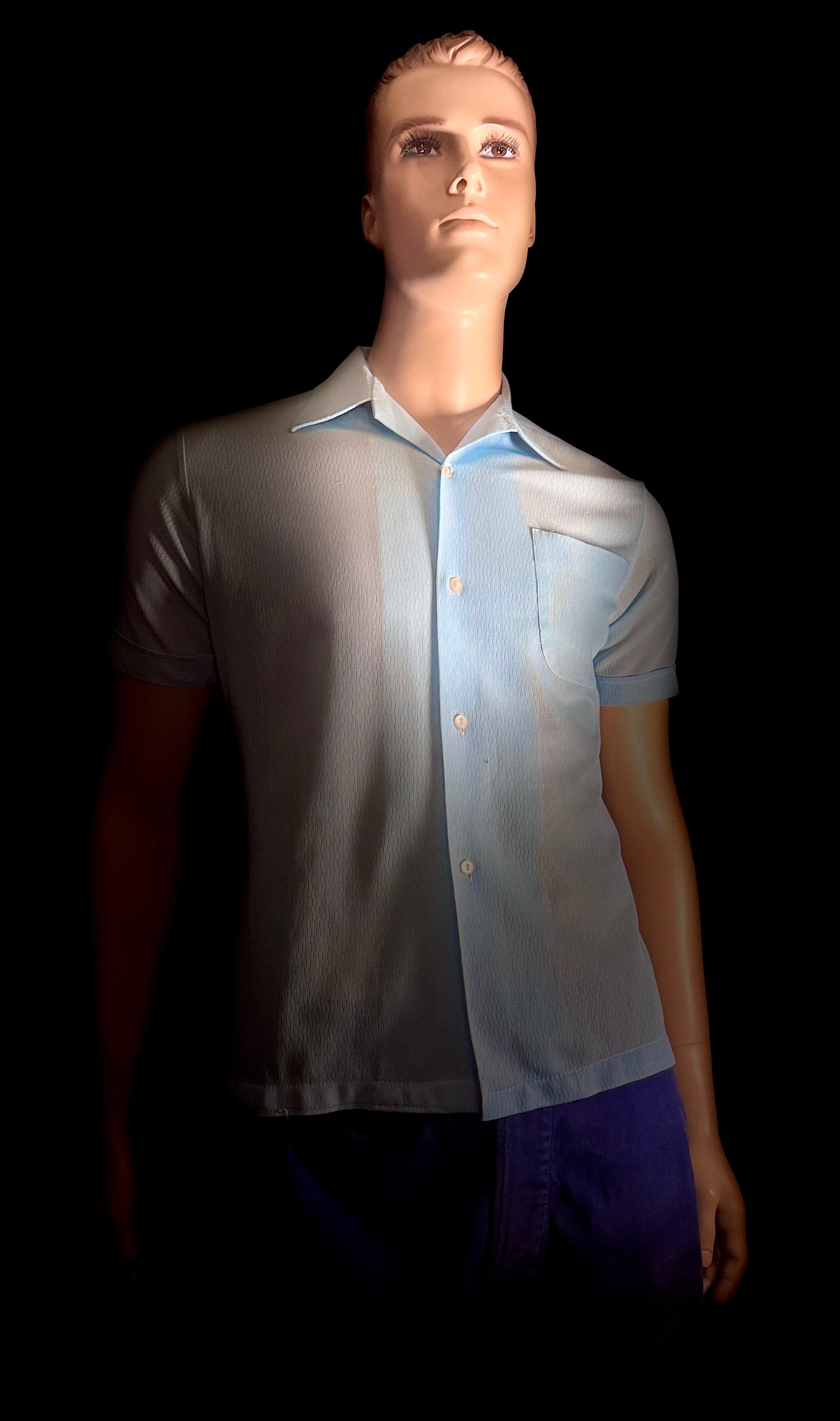 1960s Ice-Blue Sheer Shirt - Lightweight Mesh Weave