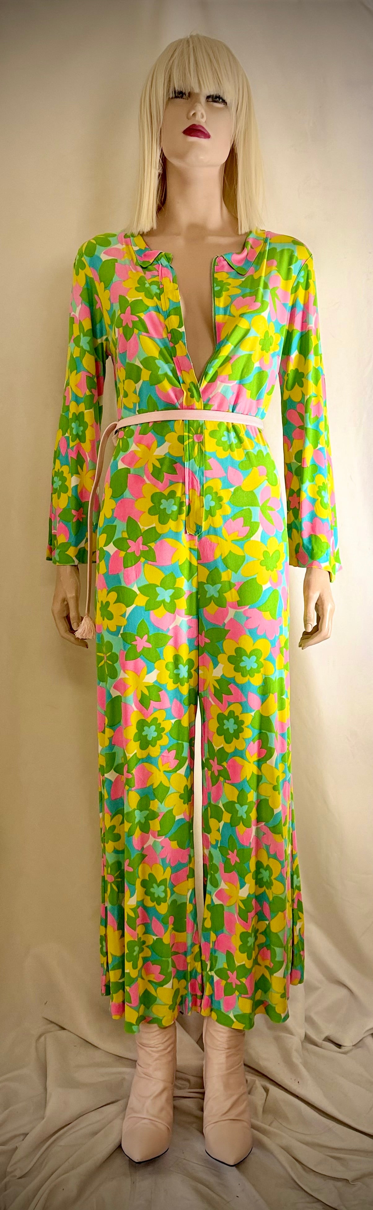 Late 1960s Floral Zip Front Jumpsuit