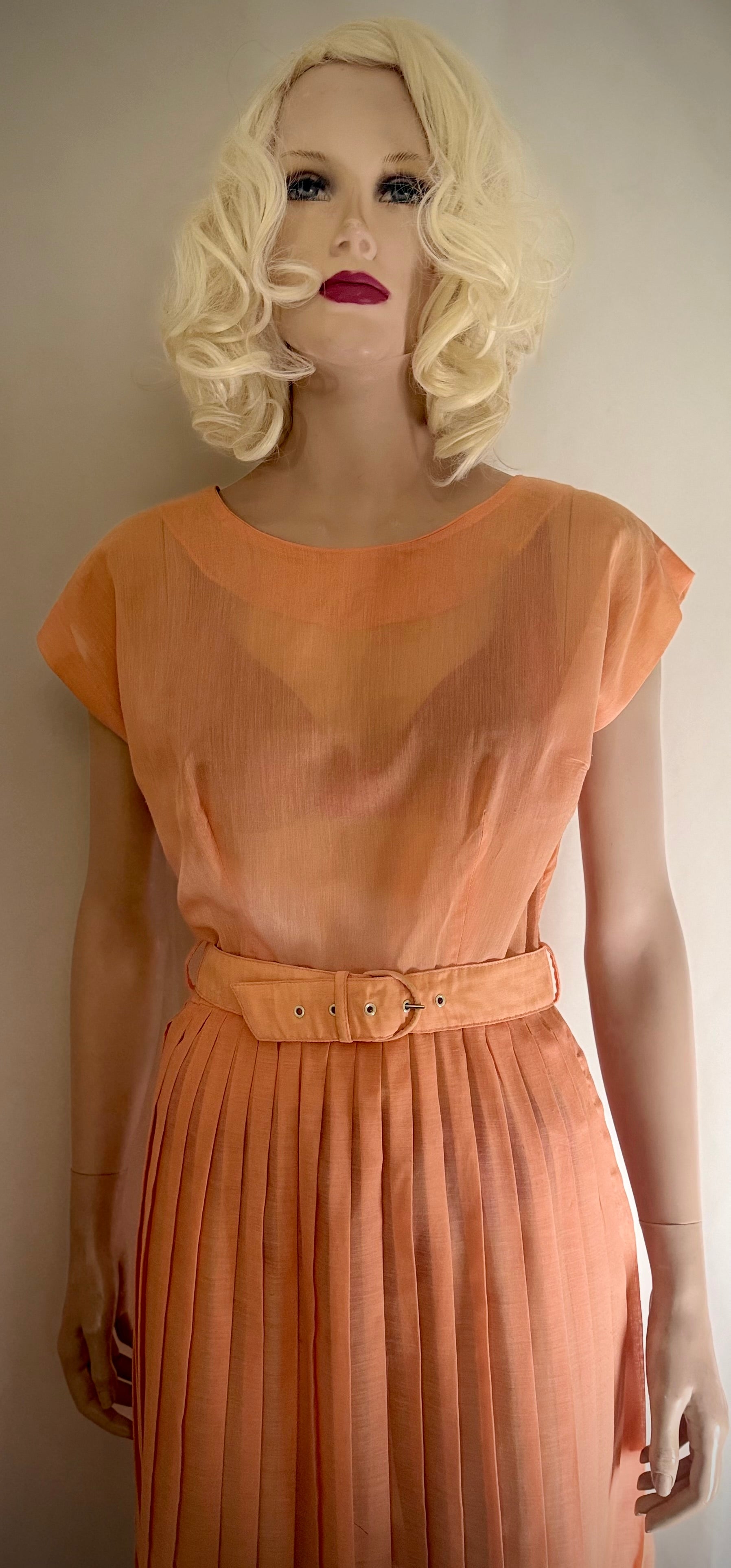 1950s Sheer Peach Knife-Pleat Dress with Original Belt