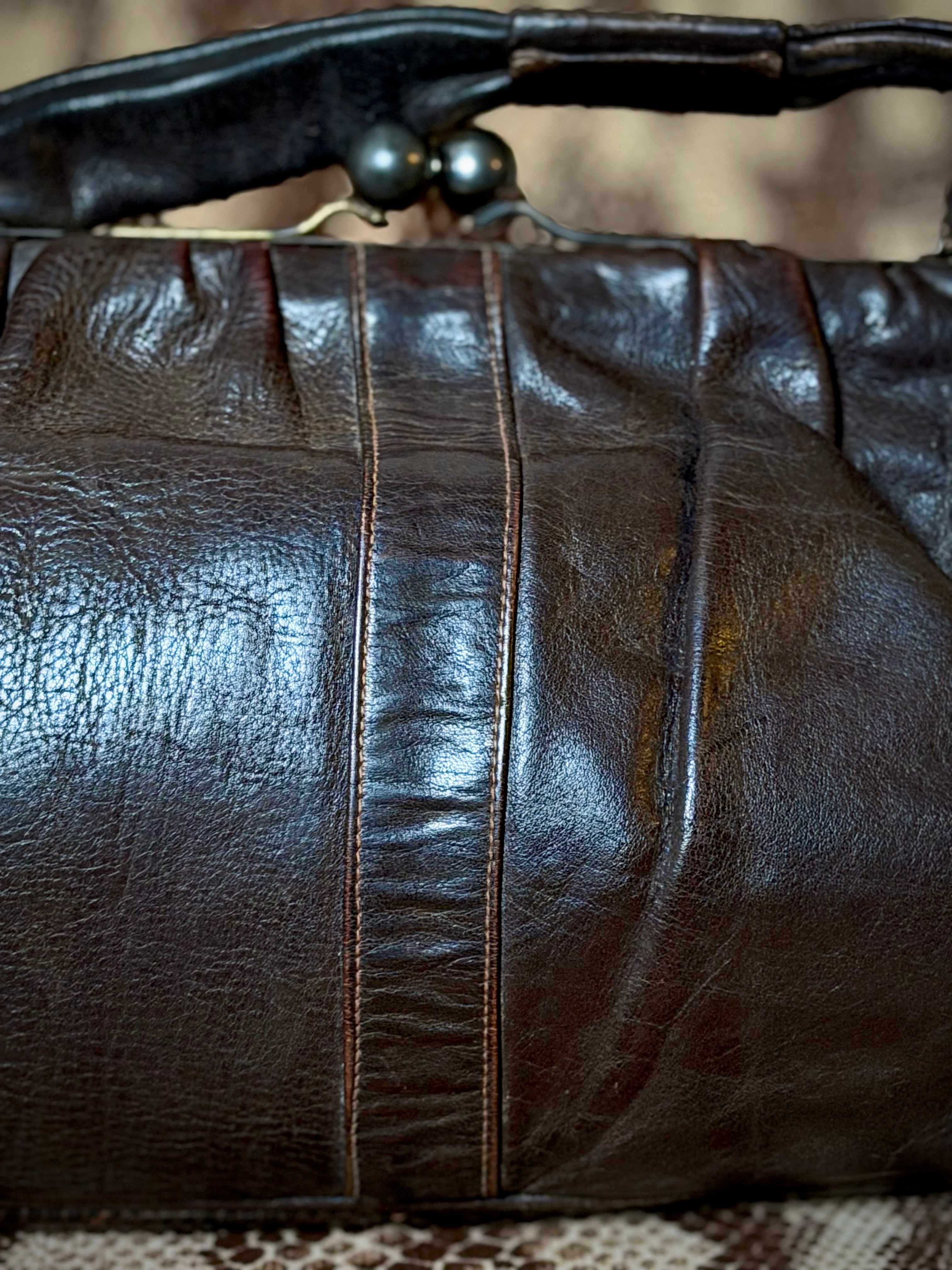 Late 1930s-1940s Leather and Reptile Skin Frame Handbag