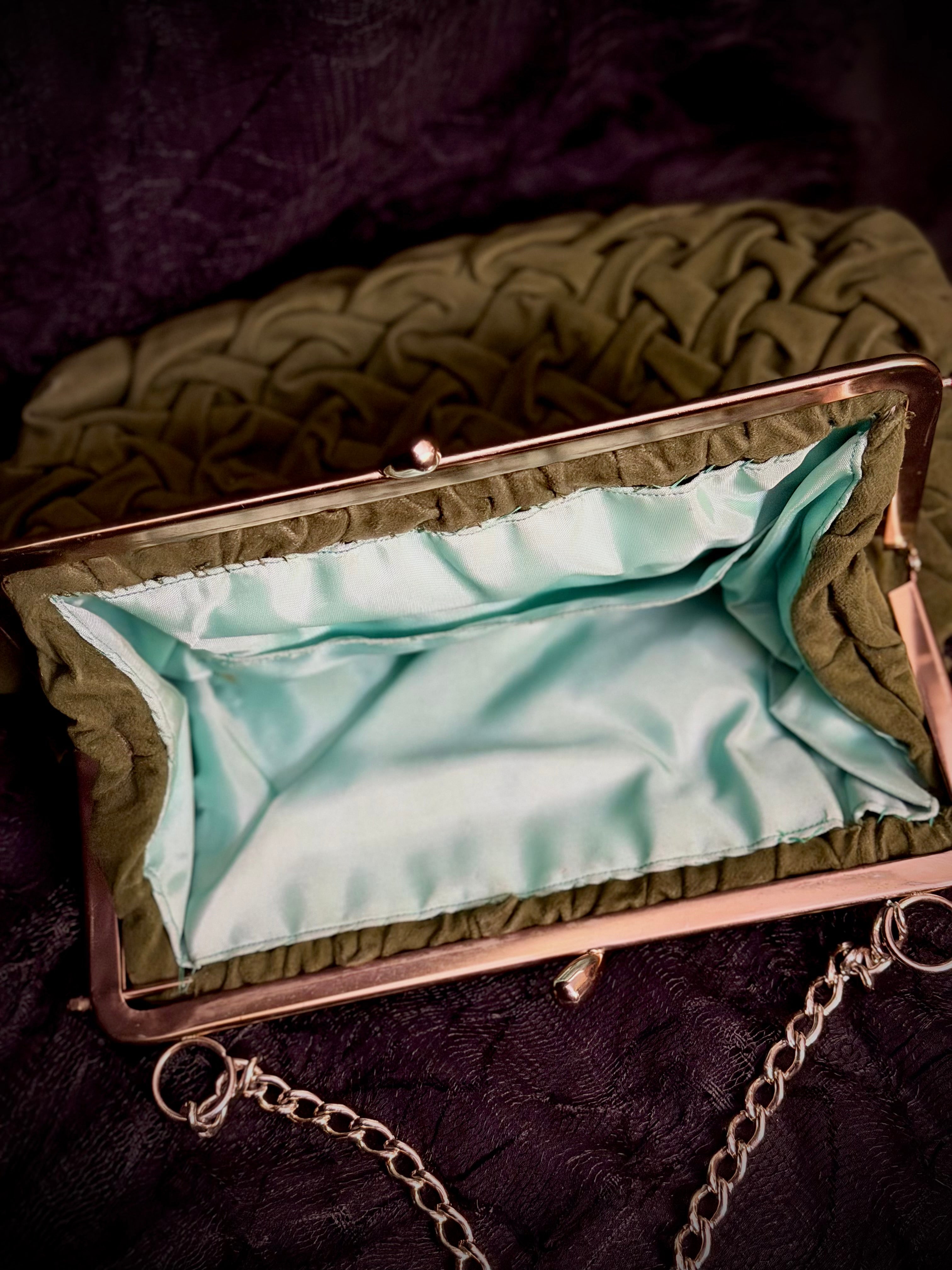 1950s Olive Velvet Evening Bag and Sage Gloves - Mid-Century Cocktail Set