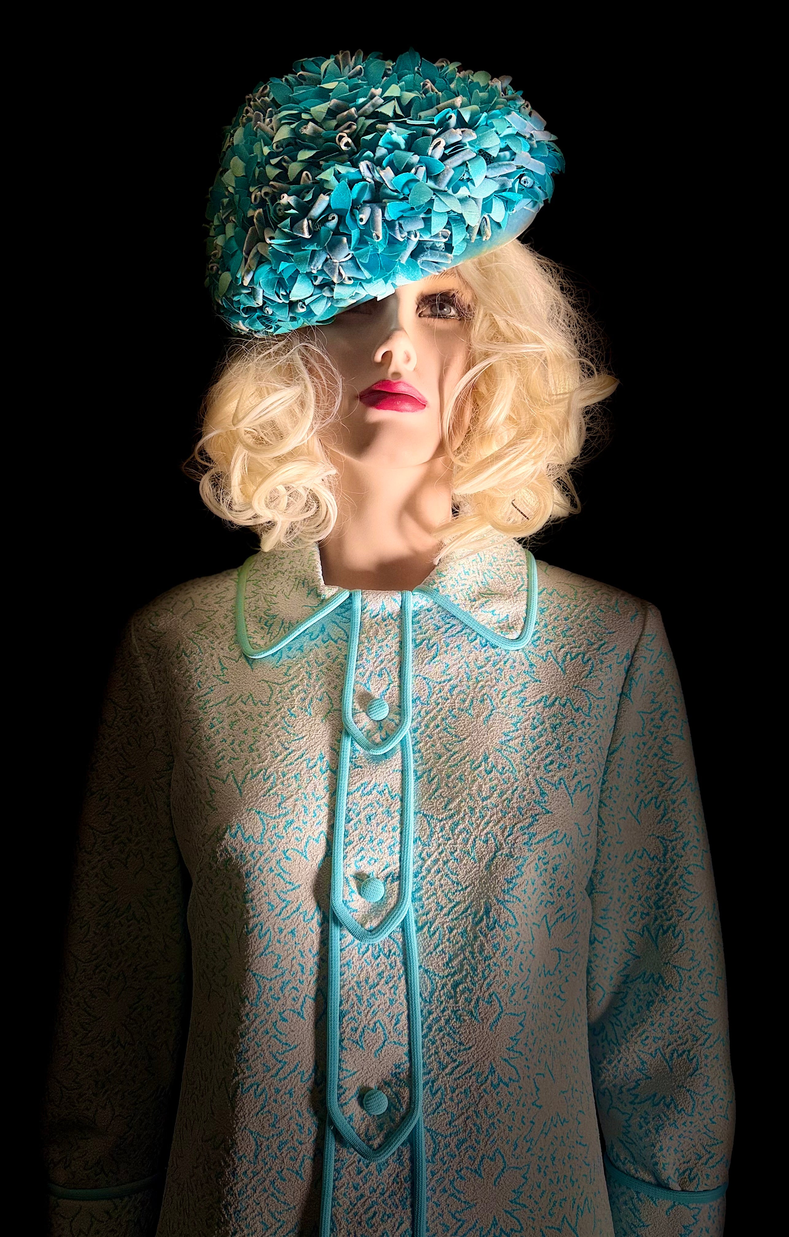 Immaculate 1960s Turquoise-Trimmed Textured Day Dress