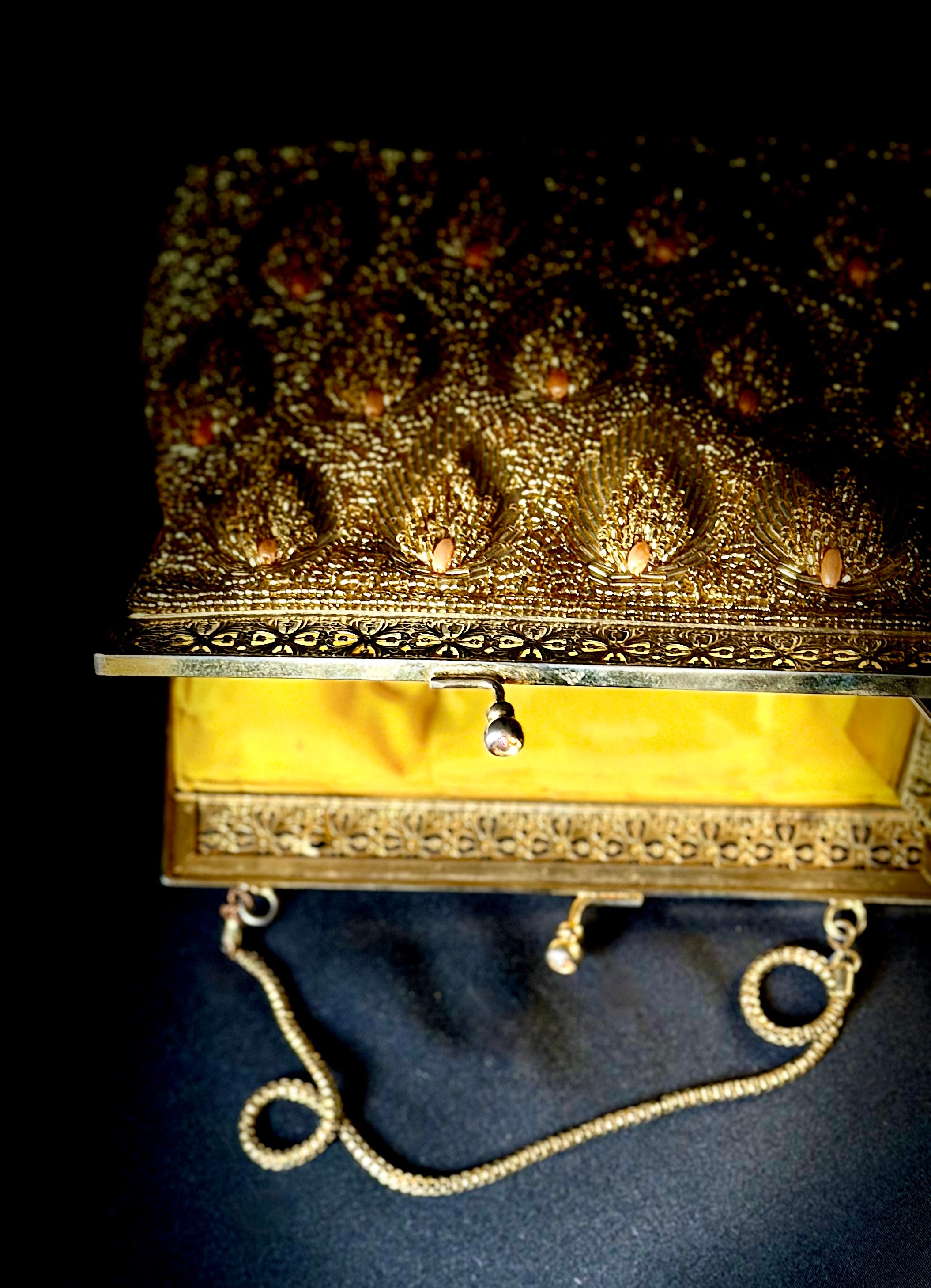 Evening Bag - 1950s Gold Beaded Clutch with Floral Filigree Frame”