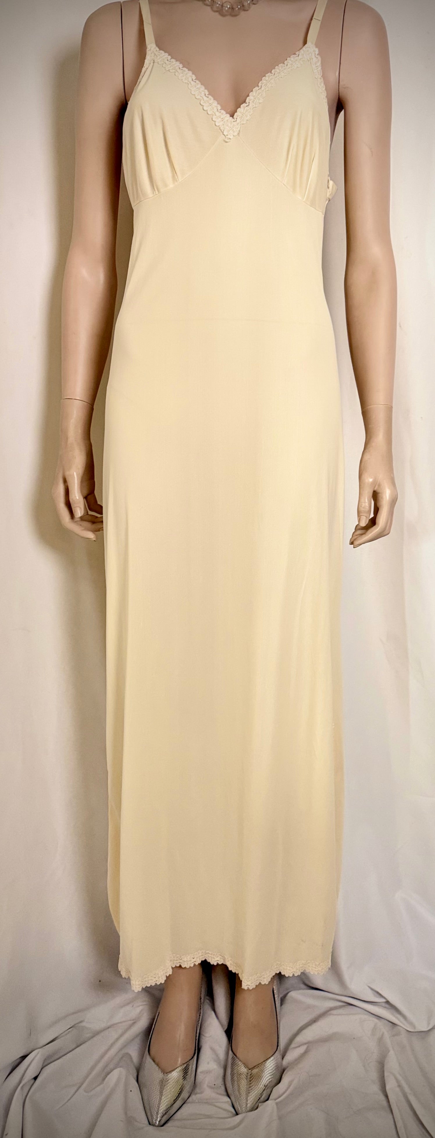 1960s Cream Nylon Slip Dress With Lace Trim