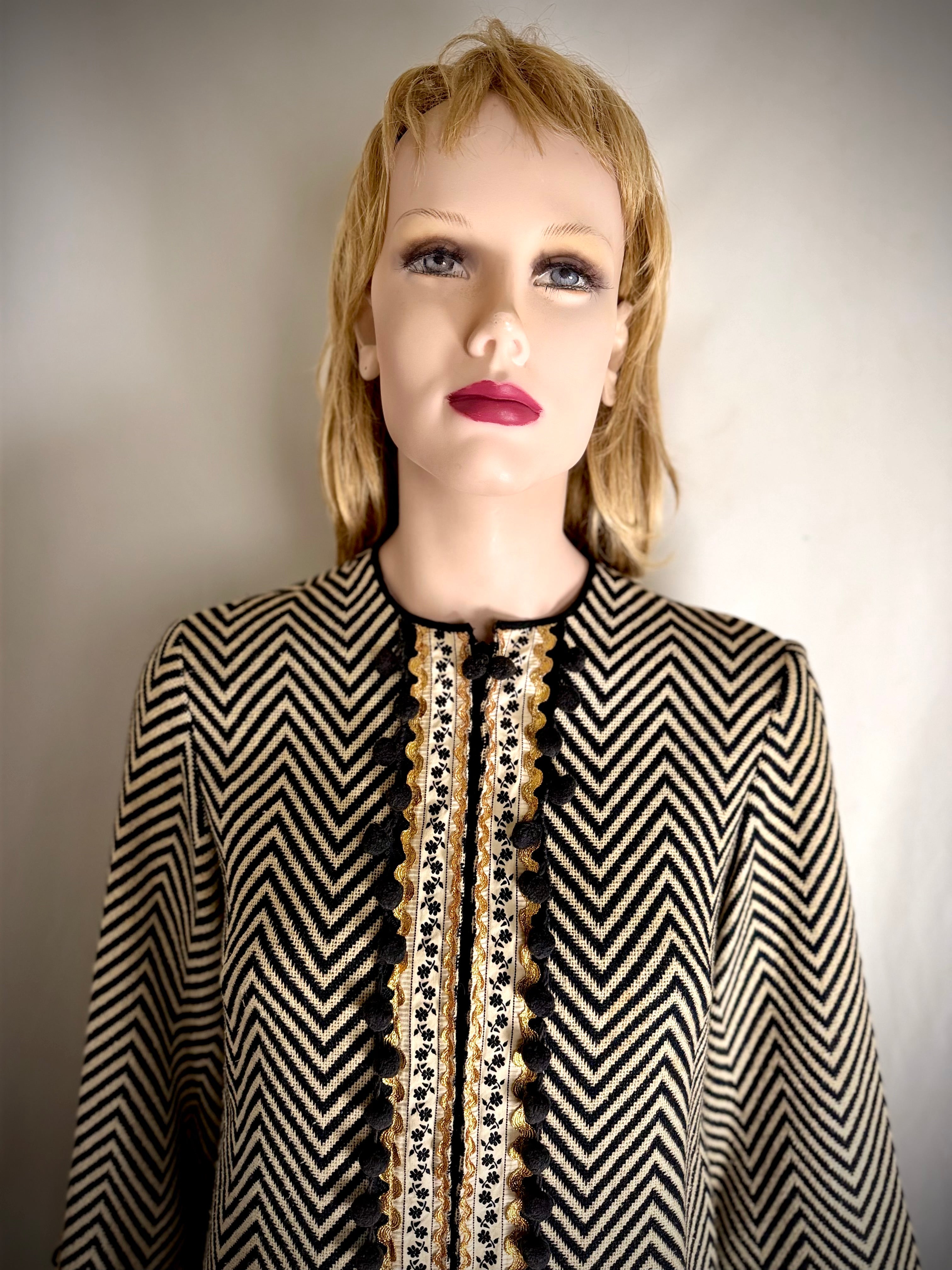 Mid-Century Chevron Weave Dress with Decorative Trim