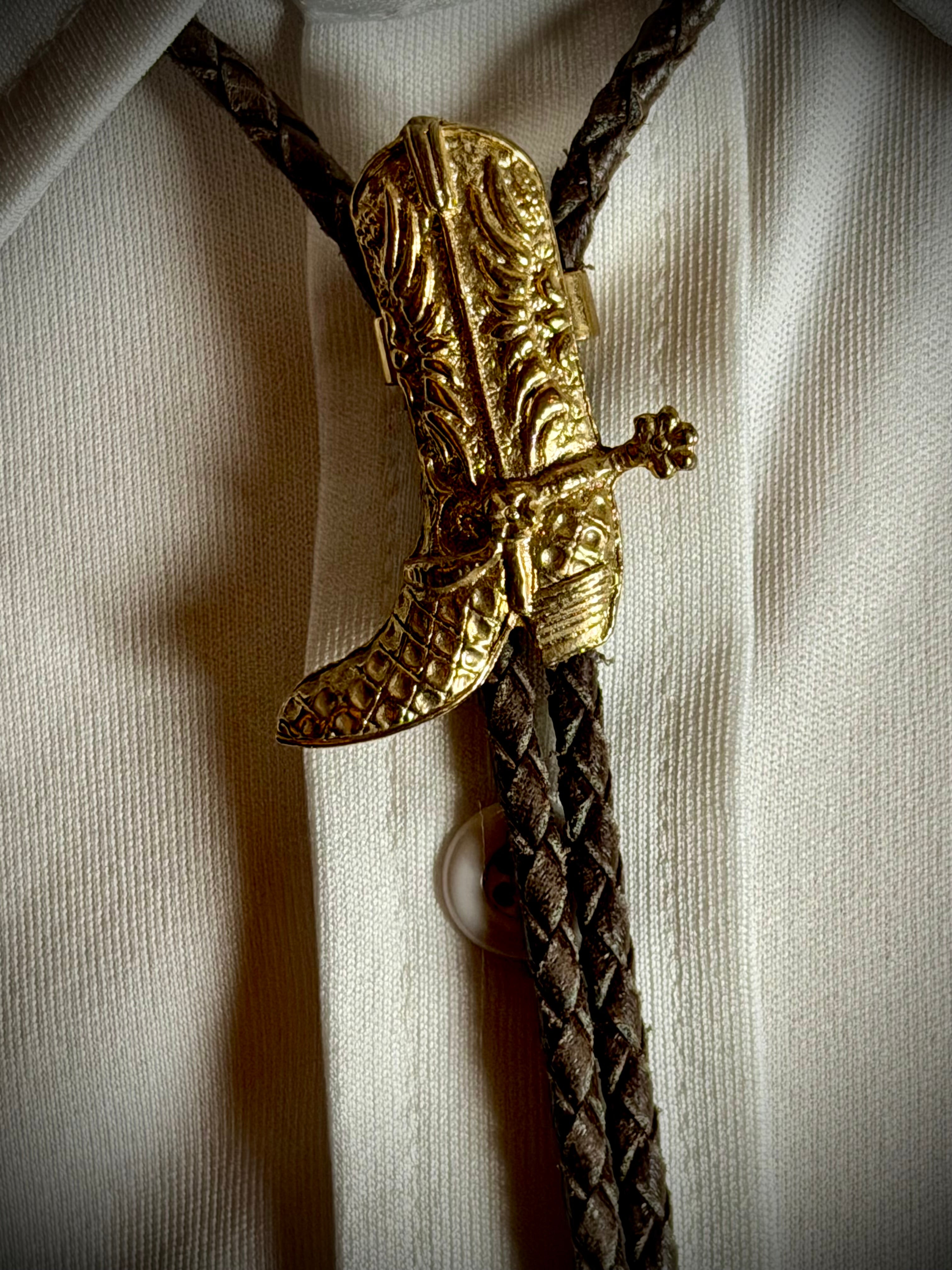 Vintage Gold Cowboy Boot Bolo Tie | Western Leather Bolo | Mid-Century
