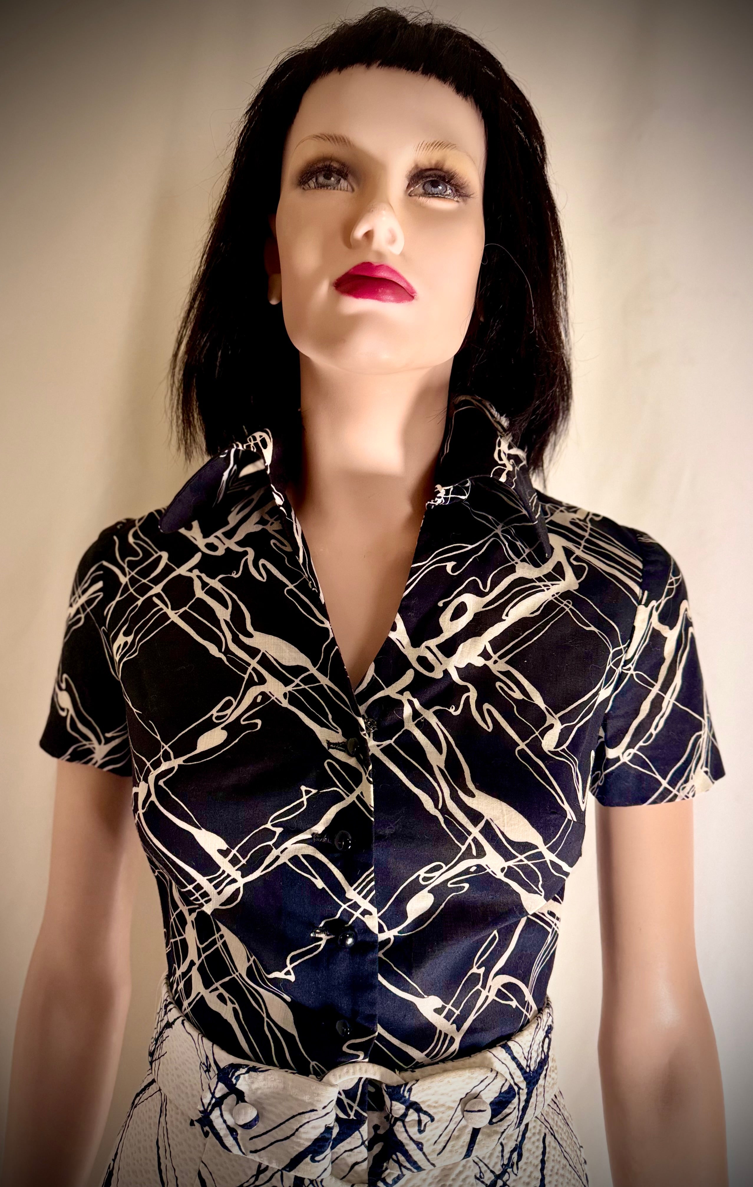 Pristine 1950s Abstract Print Dress with Sculptural Collar