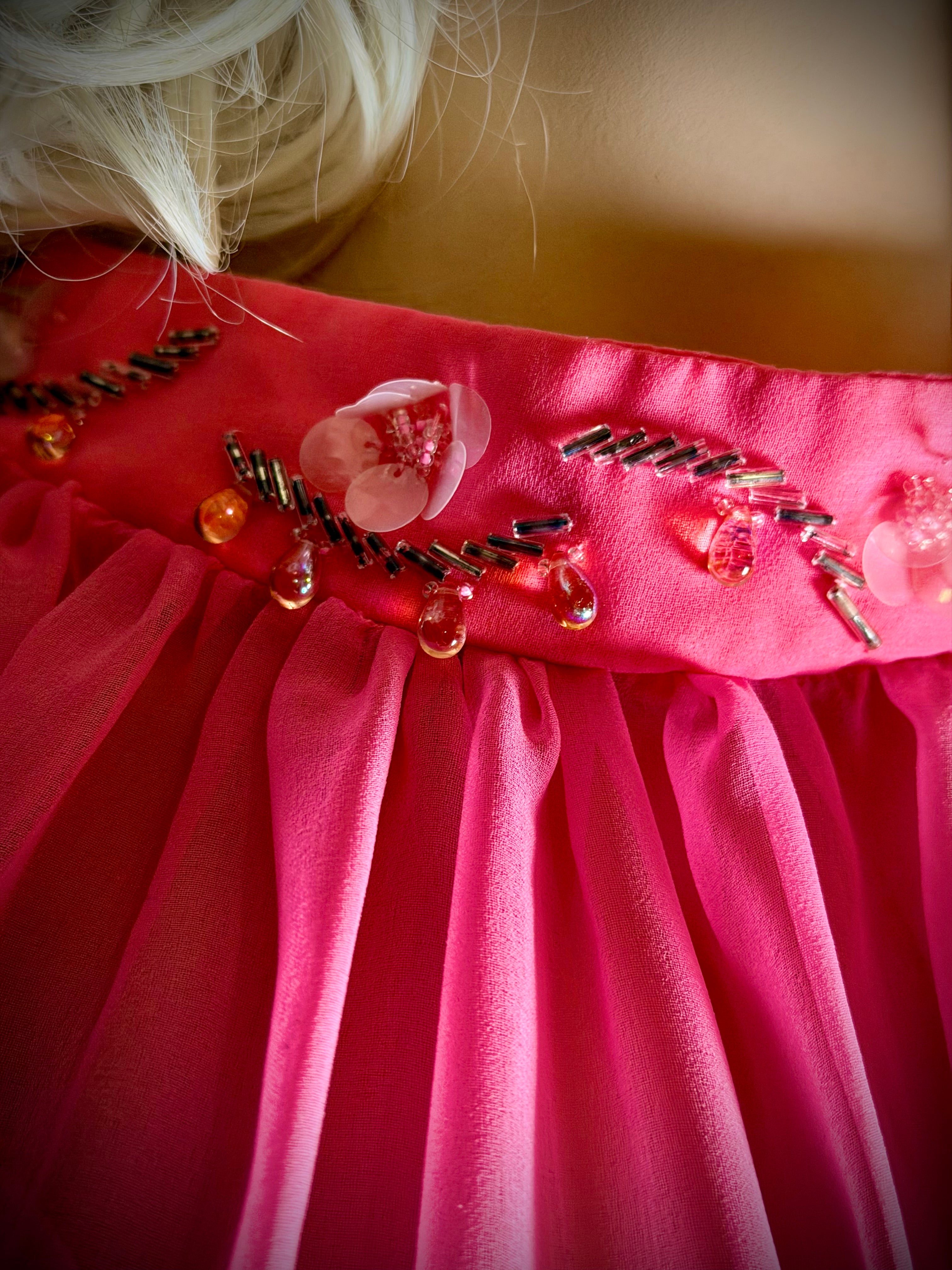 1960s Hot Pink Sheer Babydoll Dress with Hand-Beaded Collar